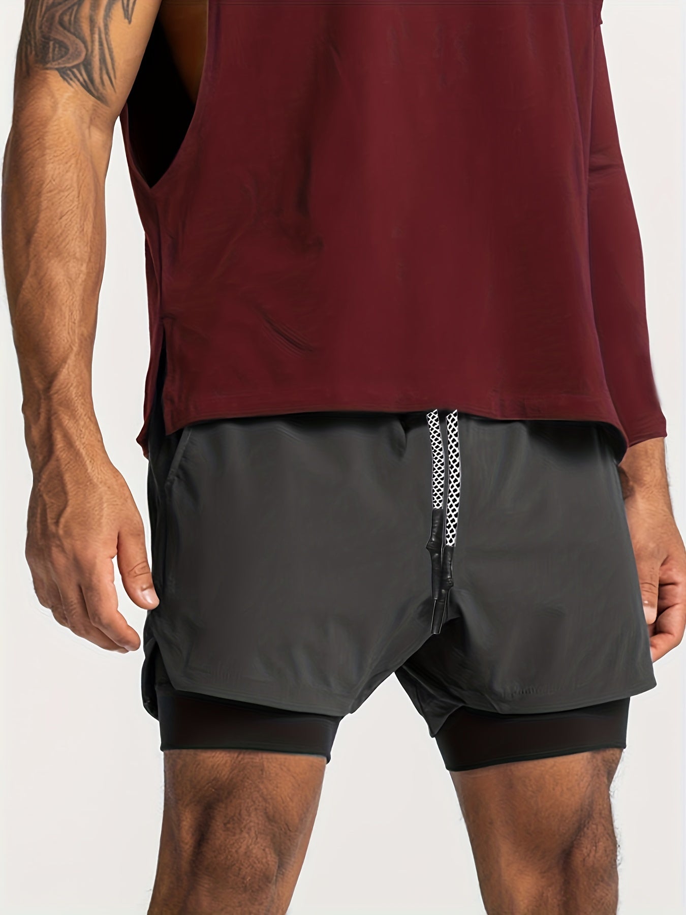 2-in-1 Double Layer Shorts With Inner Zipper Pocket, Men's High Stretch Sports Shorts For Summer Gym Workout Training