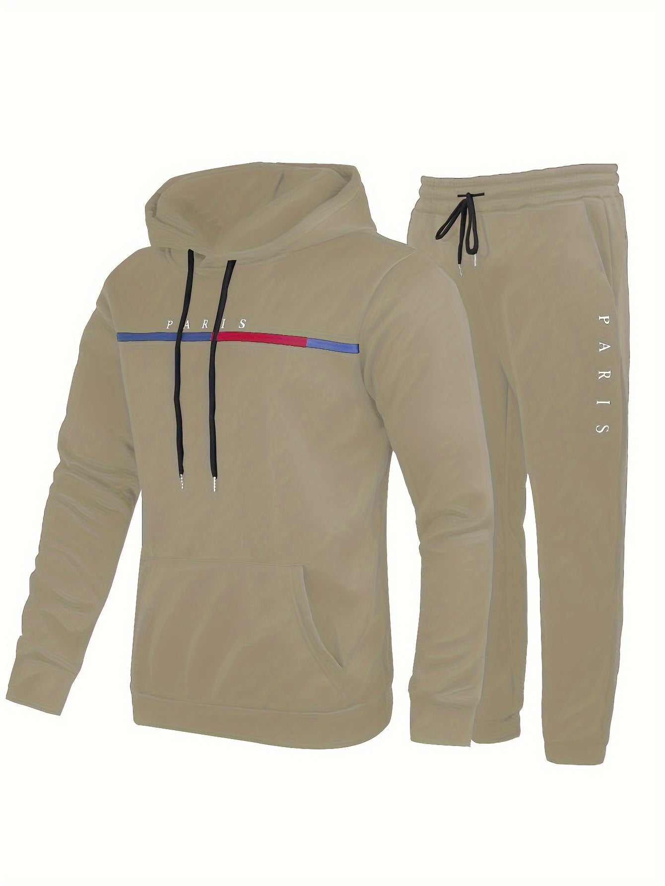 Men'S Casual "Paris" Print Hoodie & Sweatpants Set - Brown Polyester, All-Season Comfort, Drawstring Hoodie with "Paris" Graphic, Regular Fit Pants, Casual Wear|Graphic Hoodie|Comfortable Fit