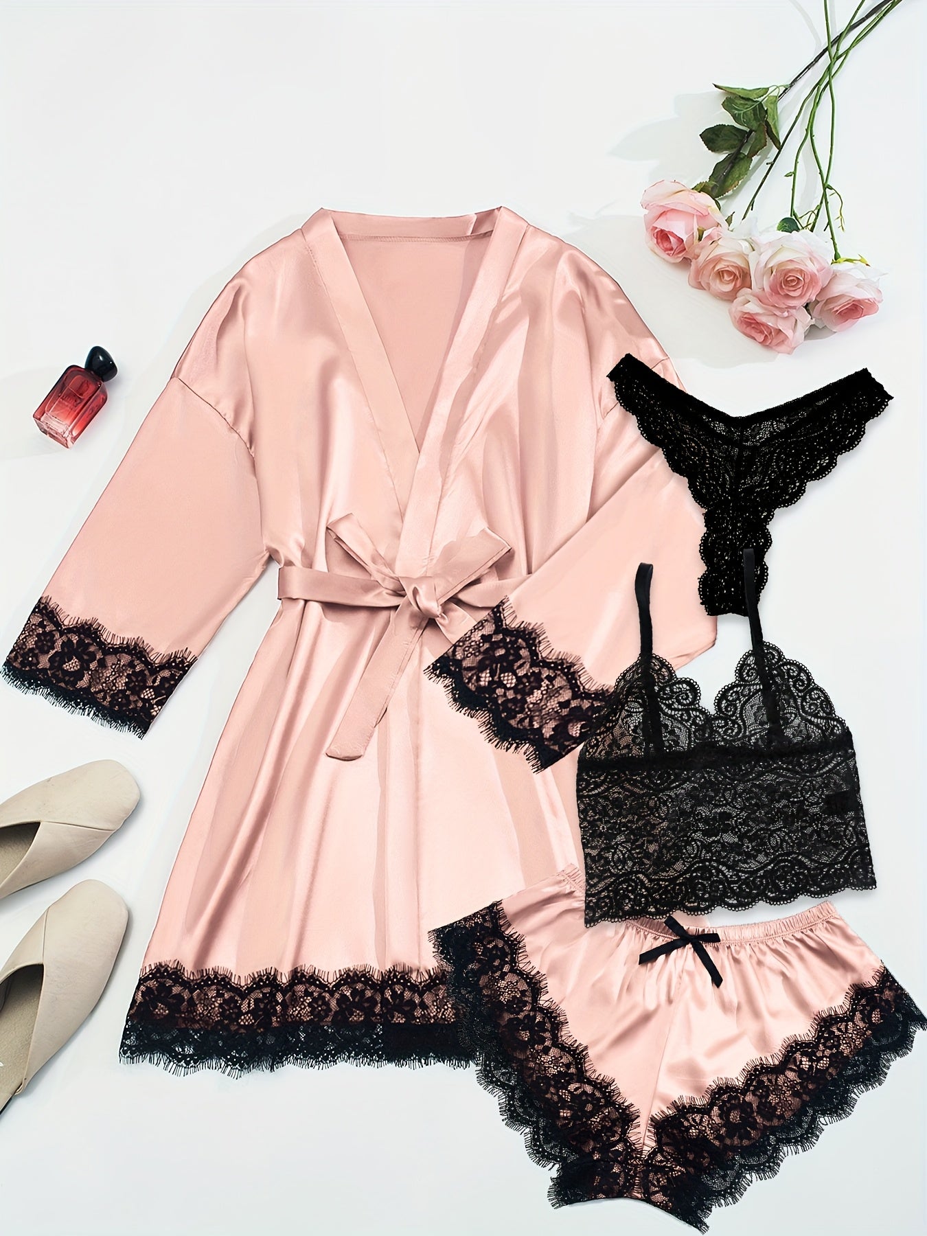 Women'S Fashion Casual Satin Shapewear Pajama Set, Deep V Neck, Solid Color, All-Season, with Contrast Lace Detail, Belted, Adult Size, Elegant Nightwear|Satin Finish|Lace Detailing, Pajamas for Women