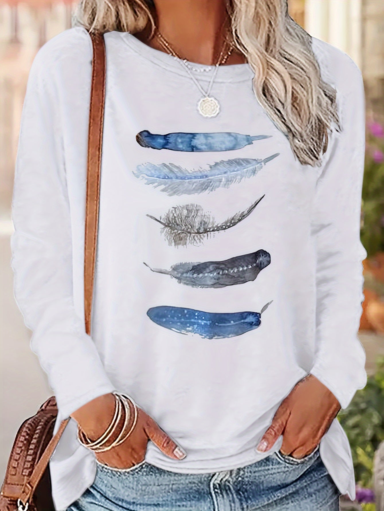 Women's Casual Appliqué Sleeve Top - Black with Blue & White Feathers, Round Neck, Medium Stretch, Machine Washable, Spring/Fall Fashion