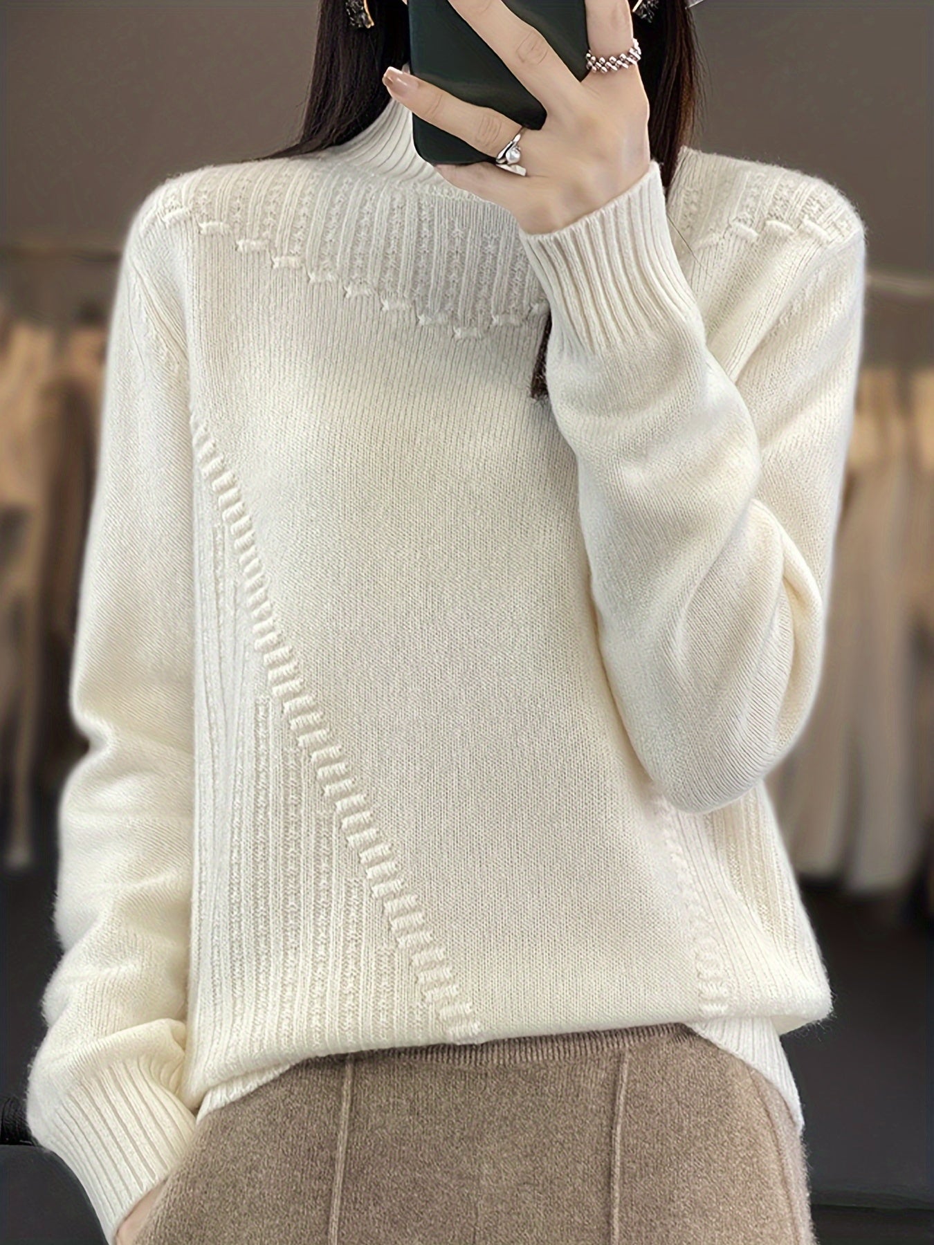 Plus Size Women's Half-Turtleneck Sweater - Soft Sleeve Pullover, Solid Black Casual Chic Top, Machine Washable All-Season Versatile Wardrobe, Everyday Pullover, Minimalist Design, Ribbed Texture