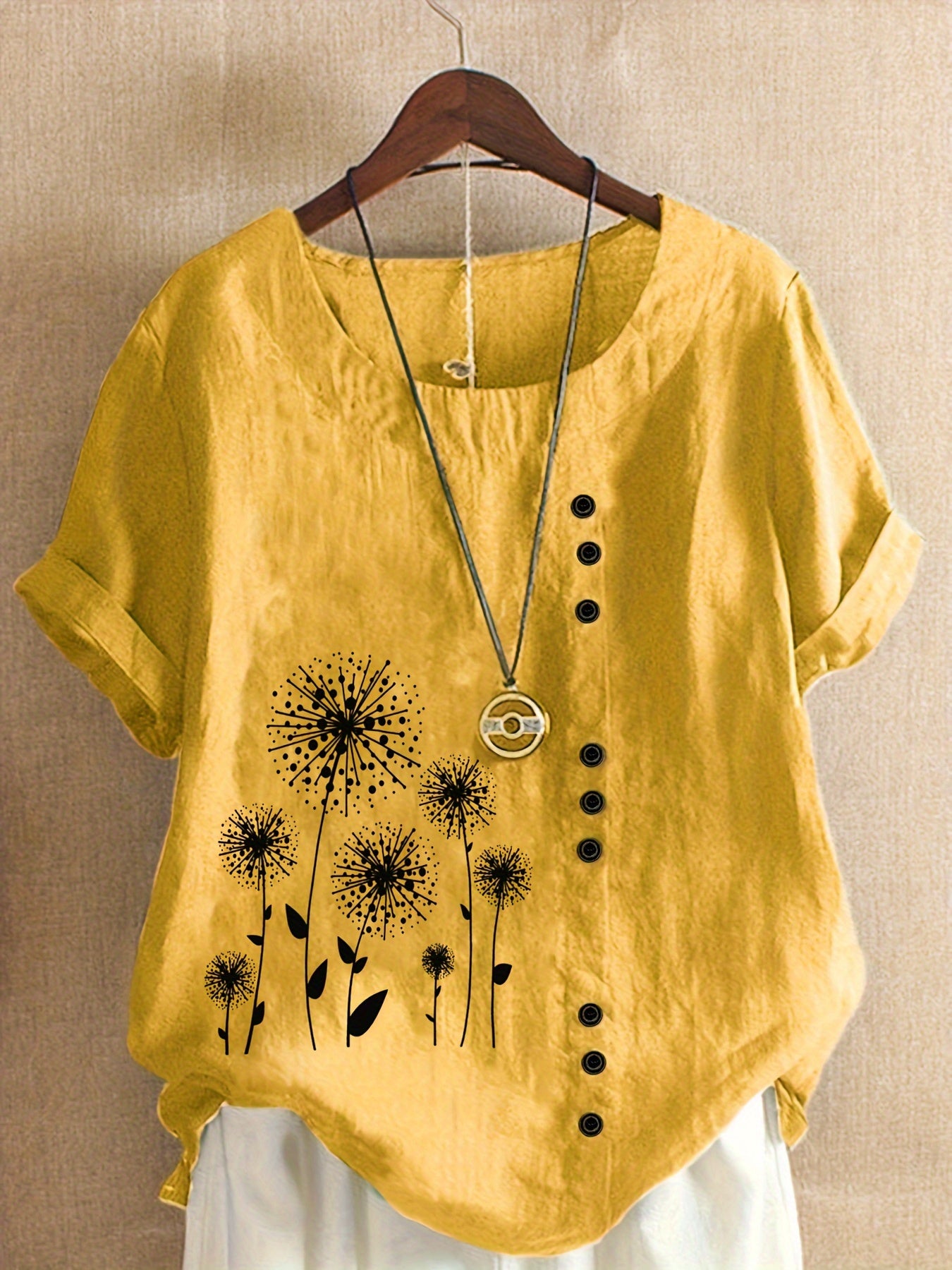 Plus Size, Women's Mint Green Floral Dandelion print Blouse - Loose Fit Plus Size Tops with Button-like details, Lightweight Non-Stretch Shirt for Everyday & Formal Outfits - Machine Washable Casual Women's Clothing, Seasonal Fashion, Round Neckline, Easy