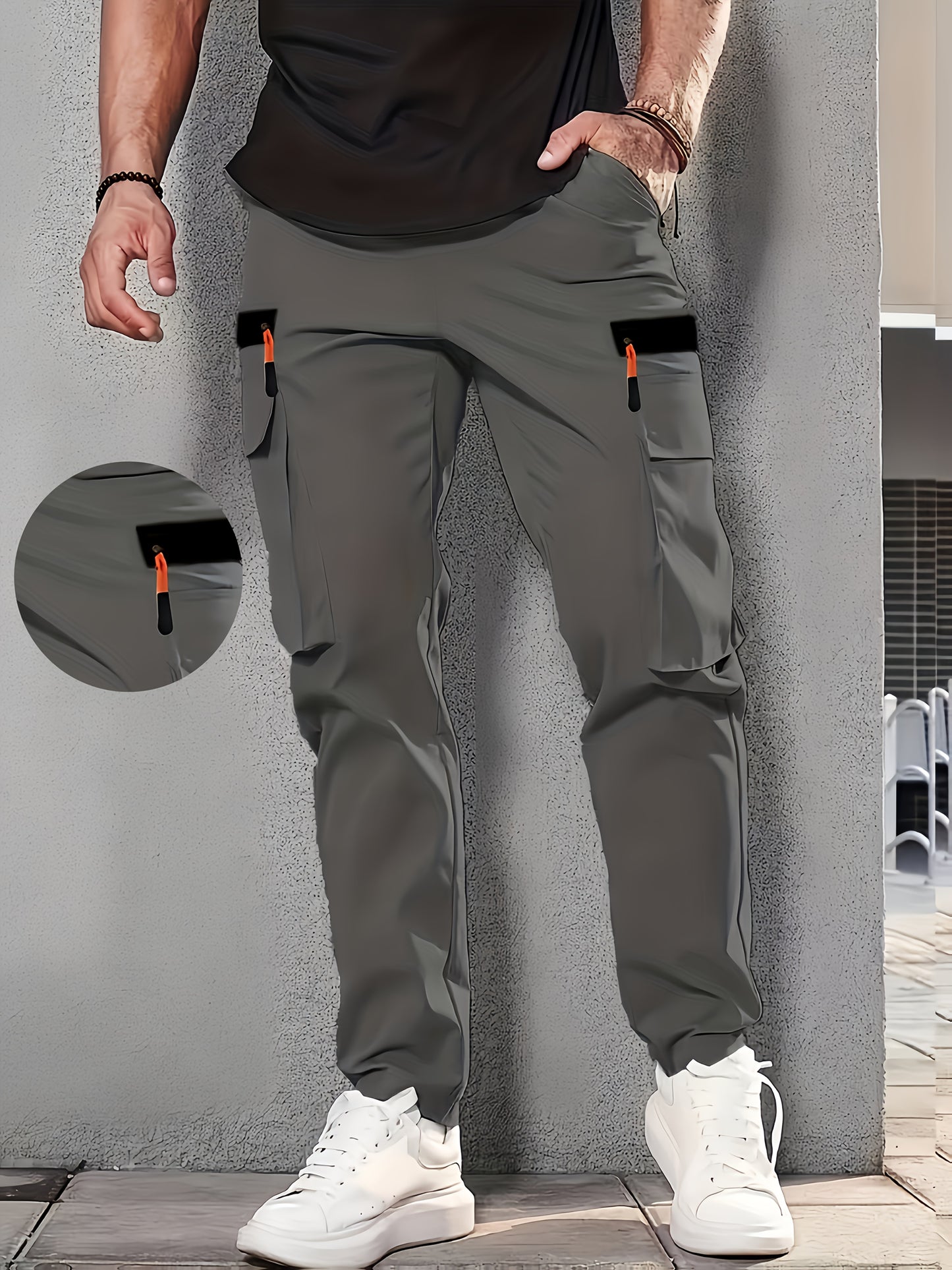 1pc Men'S Casual Cargo Pants, 100% Polyester Solid Color, Elastic Waist, Non-Stretch, Multi-Pocket Design, Regular Length, Woven, Loose Fit for Spring/Fall - Fashionable Utility Trousers