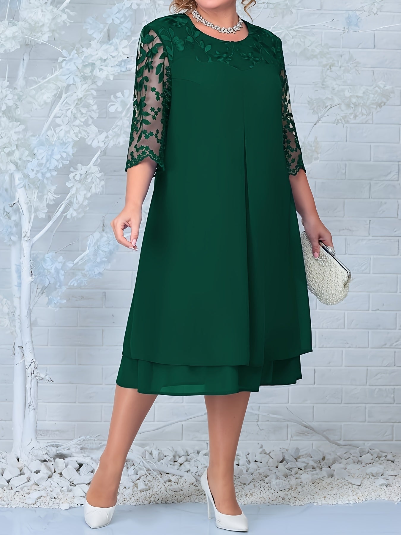 Elegant Plus Size Embroidered Chiffon Midi Dress - Blue, Half Sleeve, Crew Neck, Knee-Length, Perfect for Weddings & Casual Outings, Wedding Dresses for Bride