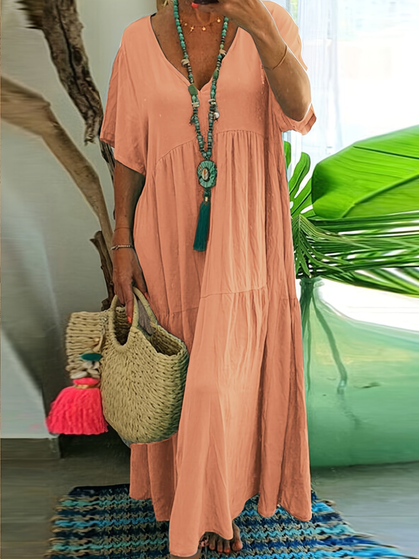 Plus Size - Women'S Plus Size A-Line Pleated Maxi Dress - V-Neck, Short Sleeve, Solid Color, Light Blue & White Stripes, Summer Elegance, Casual Style, Casual Summer Dress | Vneck Dress | Pleated Detailing, Plus Size Dress