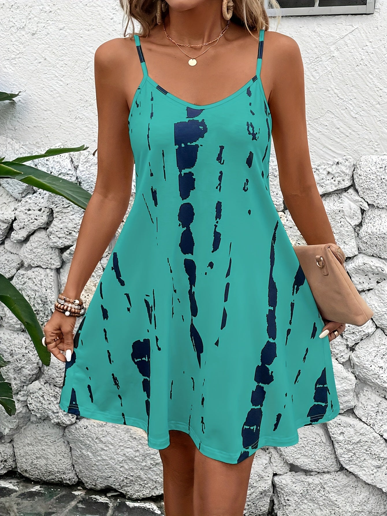 Red Printed Knit Fabric Casual Dress for Women with Spaghetti Straps