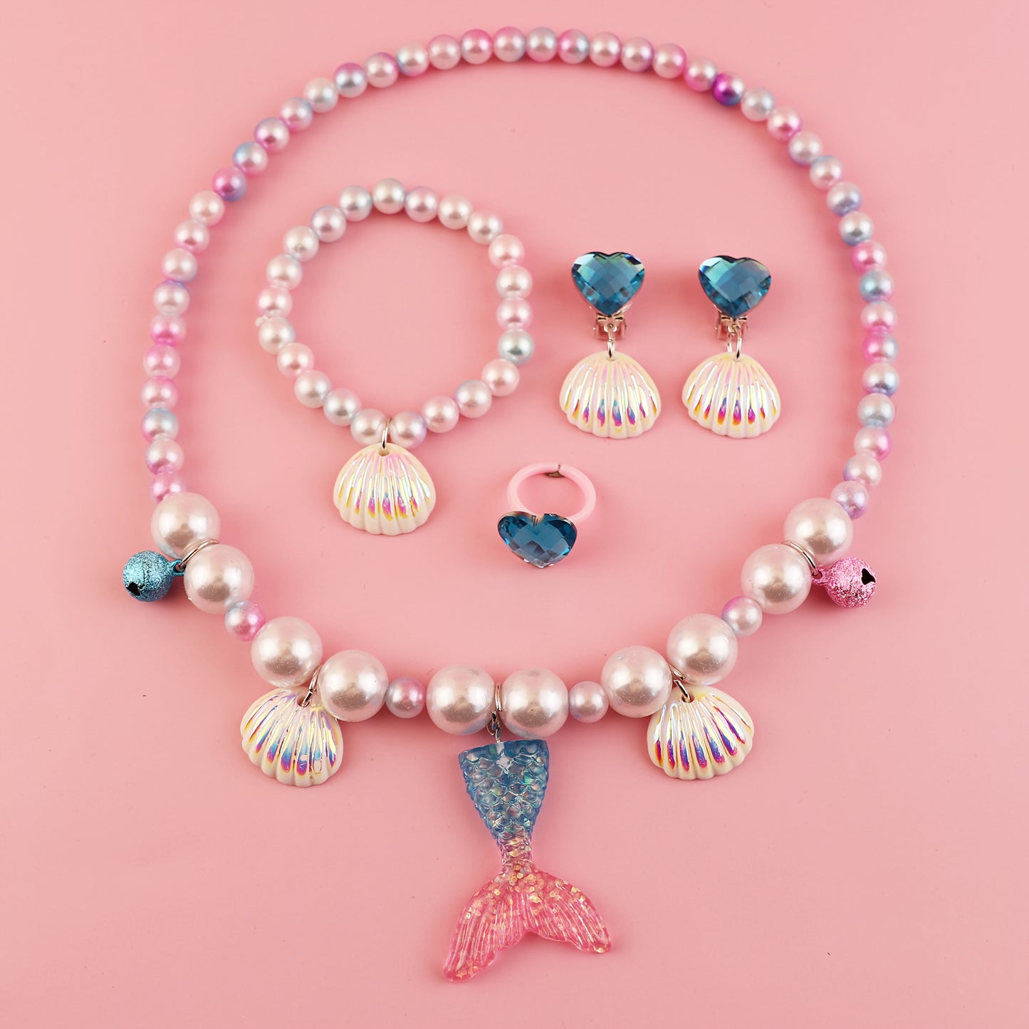 Mermaid Necklace Bracelet Set Mermaid Jewelry Kit Included Shell Necklace Bracelet Ring Earrings for Mermaid Party Costume Jewelry Supplies