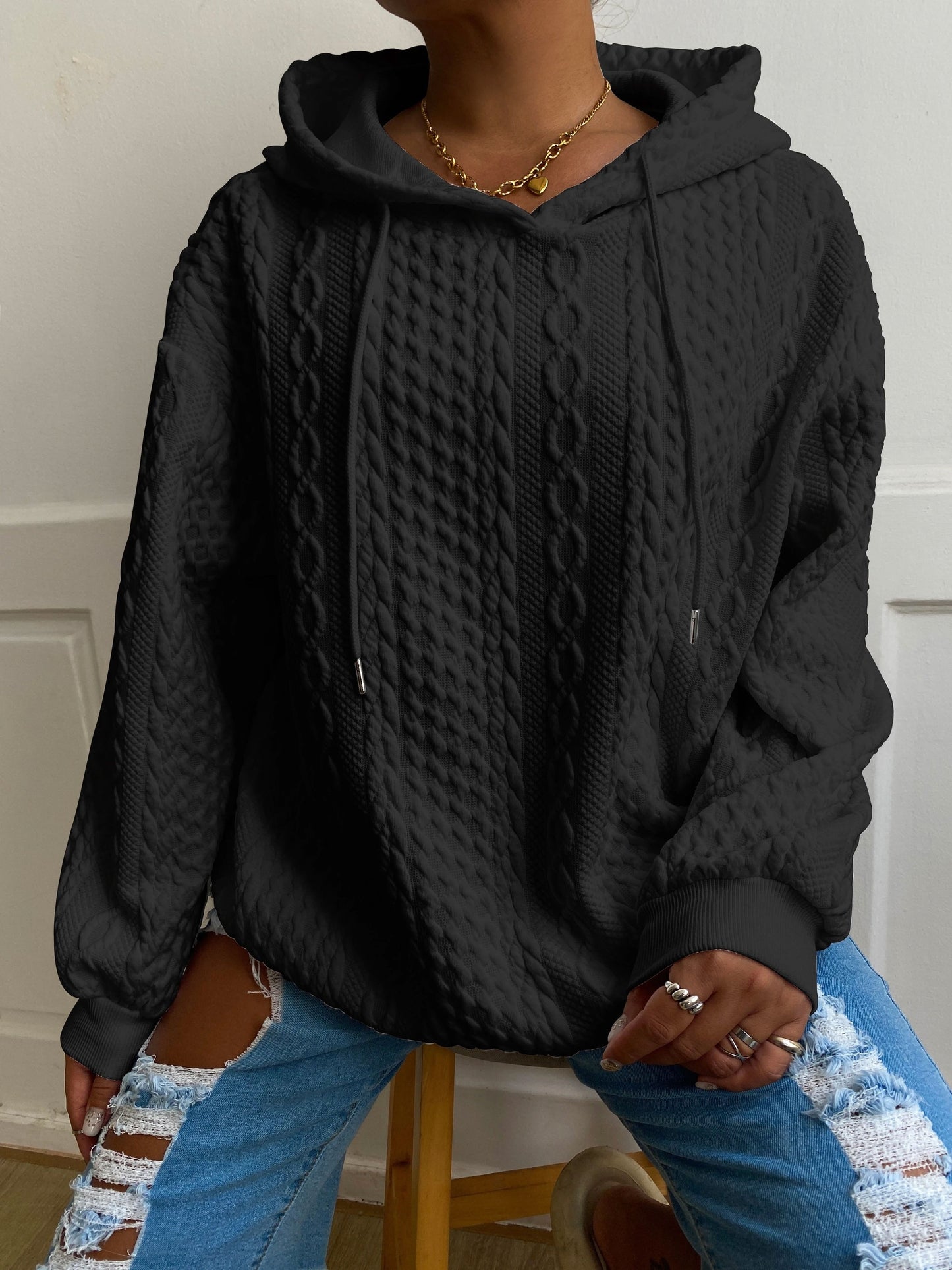 Women's Casual Lounge Top, Plus Size Solid Textured Long Sleeve Drawstring Home Wear Hoodie