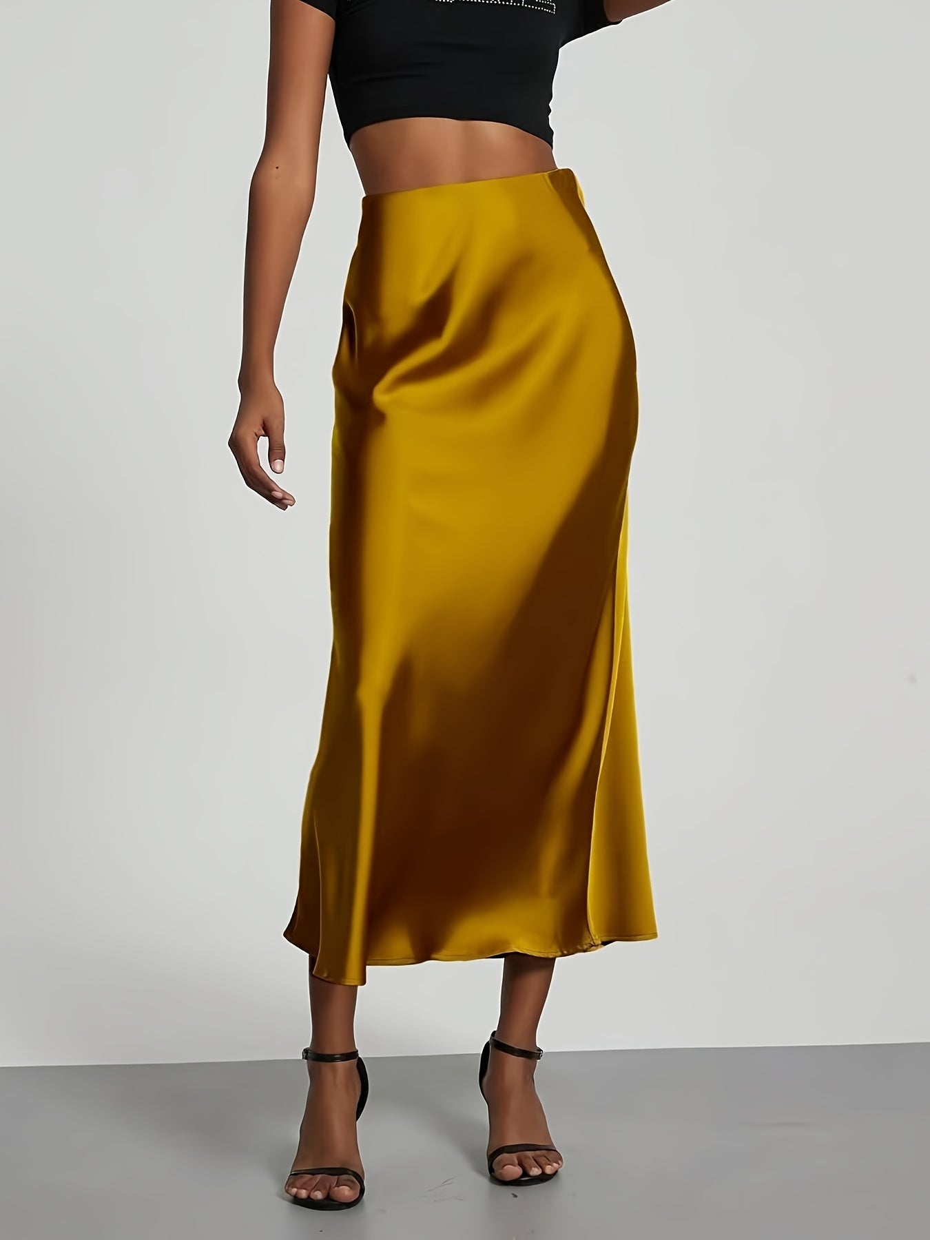 Women's High-Waist Satin Midi Skirt - Elegant Solid Black, Flared Design, Perfect for Dates & Work, All-Season Polyester Skirt, Office Wear Skirt | Flared Skirt Style | Quality Construction