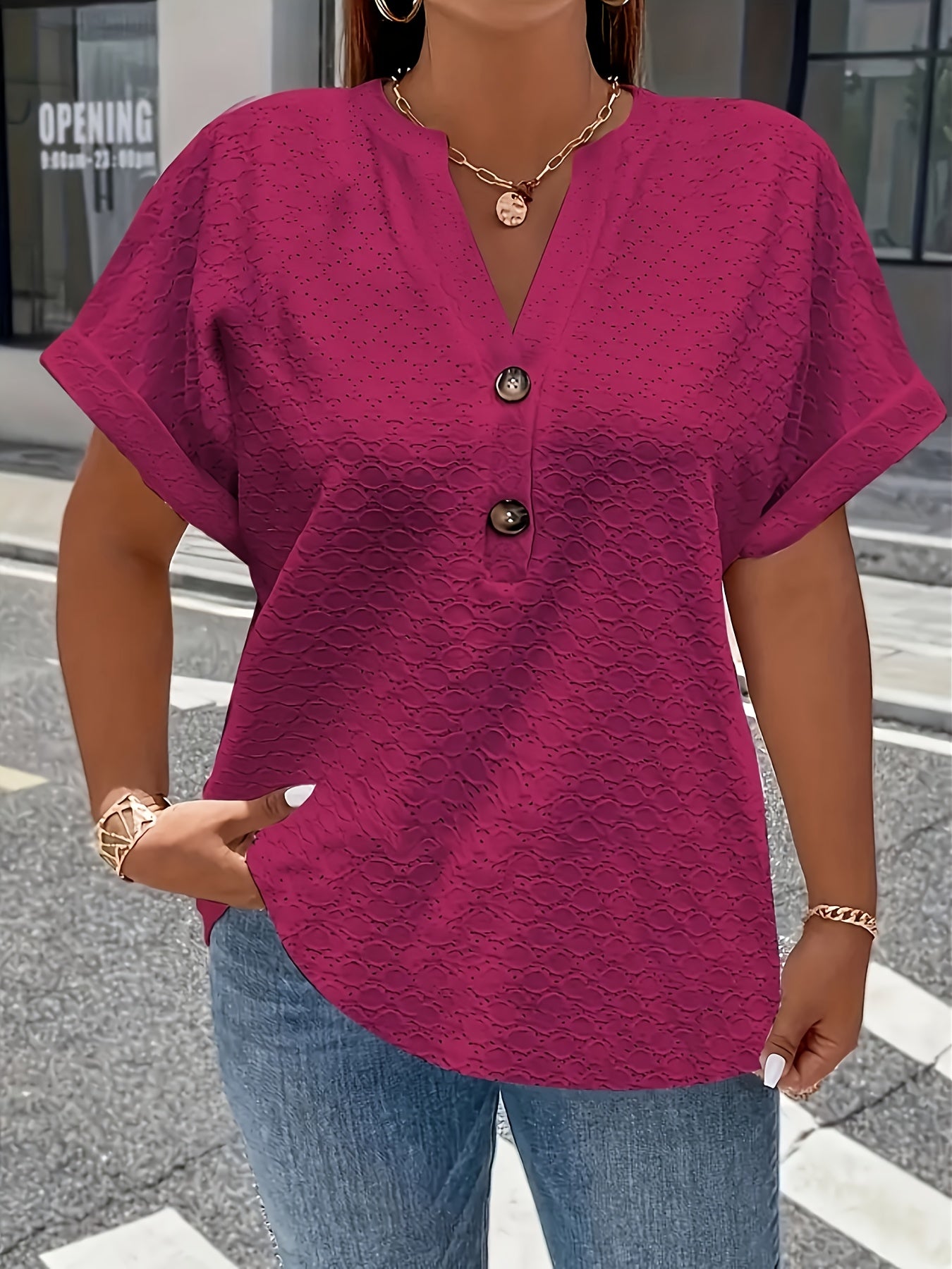 Women'S Light Green V-Neck Blouse with Button Details - Casual Short Sleeve Top for Spring/Summer, Soft Polyester Fabric, Elegant Solid Color Design, Versatile Blouse | Vneck Blouse | Elastane Comfort Fit