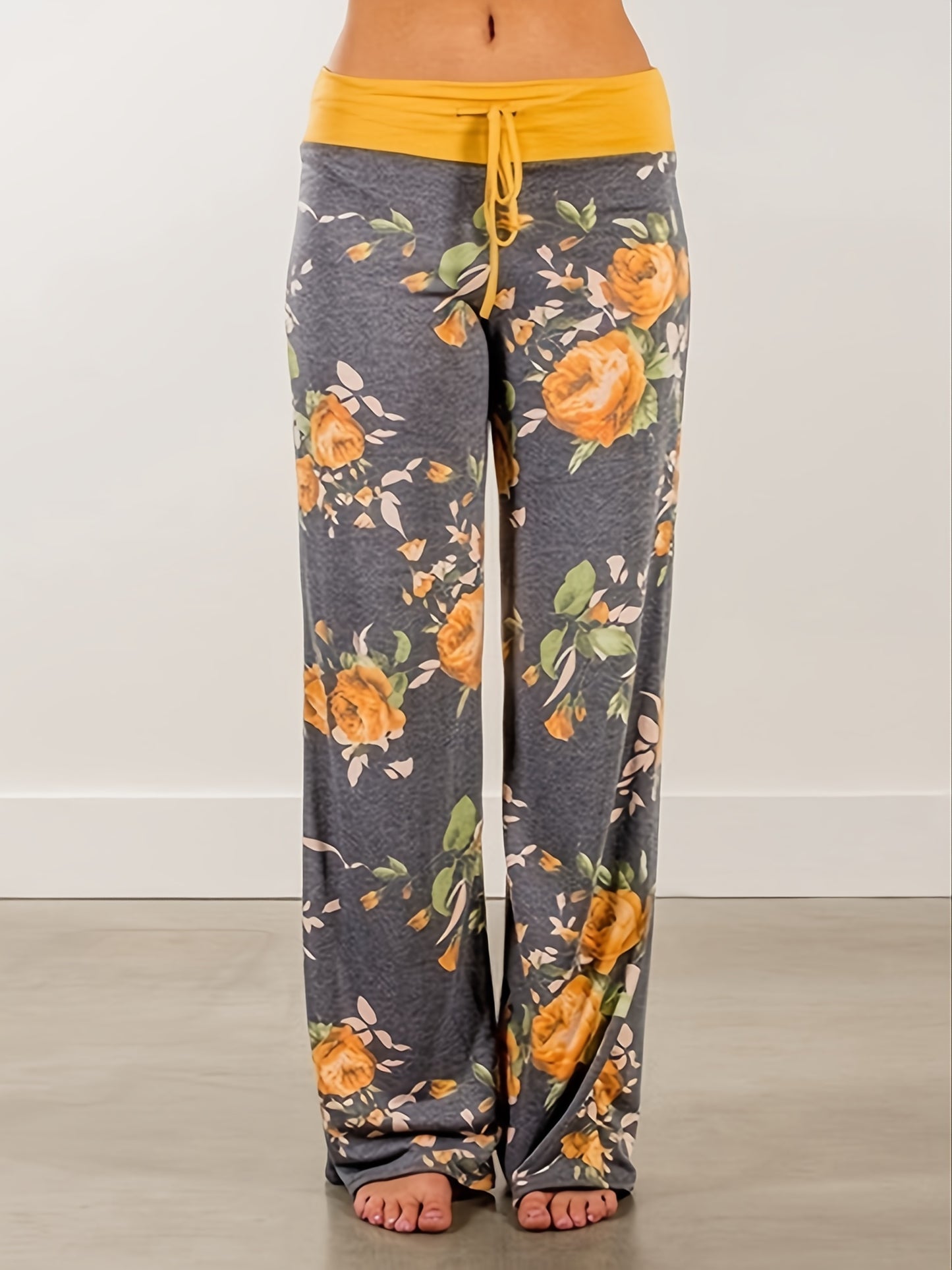 Plus Size - Women'S Plus Size Floral Print Wide Leg Pants with Drawstring Waist - Stretchy & Comfortable Casual Lounge Pajama Pants for Spring/Summer/Fall, Relaxed Fit Pants | Wide Leg Pants | Drawstring Detail