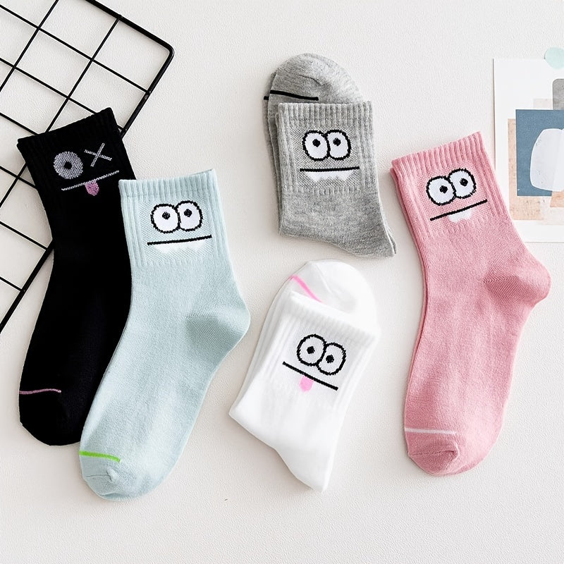 5 Pairs Funny Face Print Socks, Comfy & Casual Mid Tube Socks, Women's Stockings & Hosiery