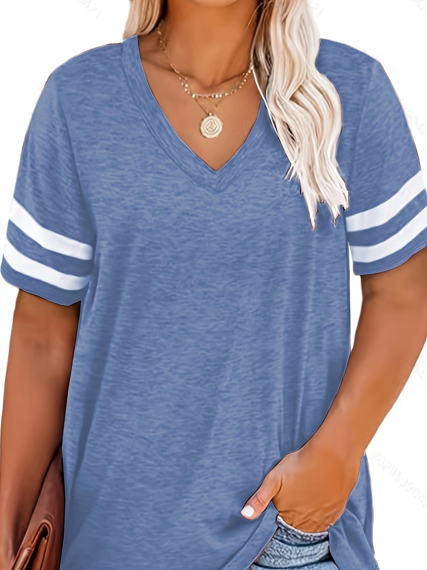 Plus Size Women's V-Neck Short Sleeve T-Shirt - Lightweight Stretchy Summer Tee with Random Print, Loose Casual Fit, Machine Washable, Sizes XL-5XL for Everyday & Office Wear, Versatile Clothing, Striped Print Shirt, Soft Fabric Shirt, Durable Comfort
