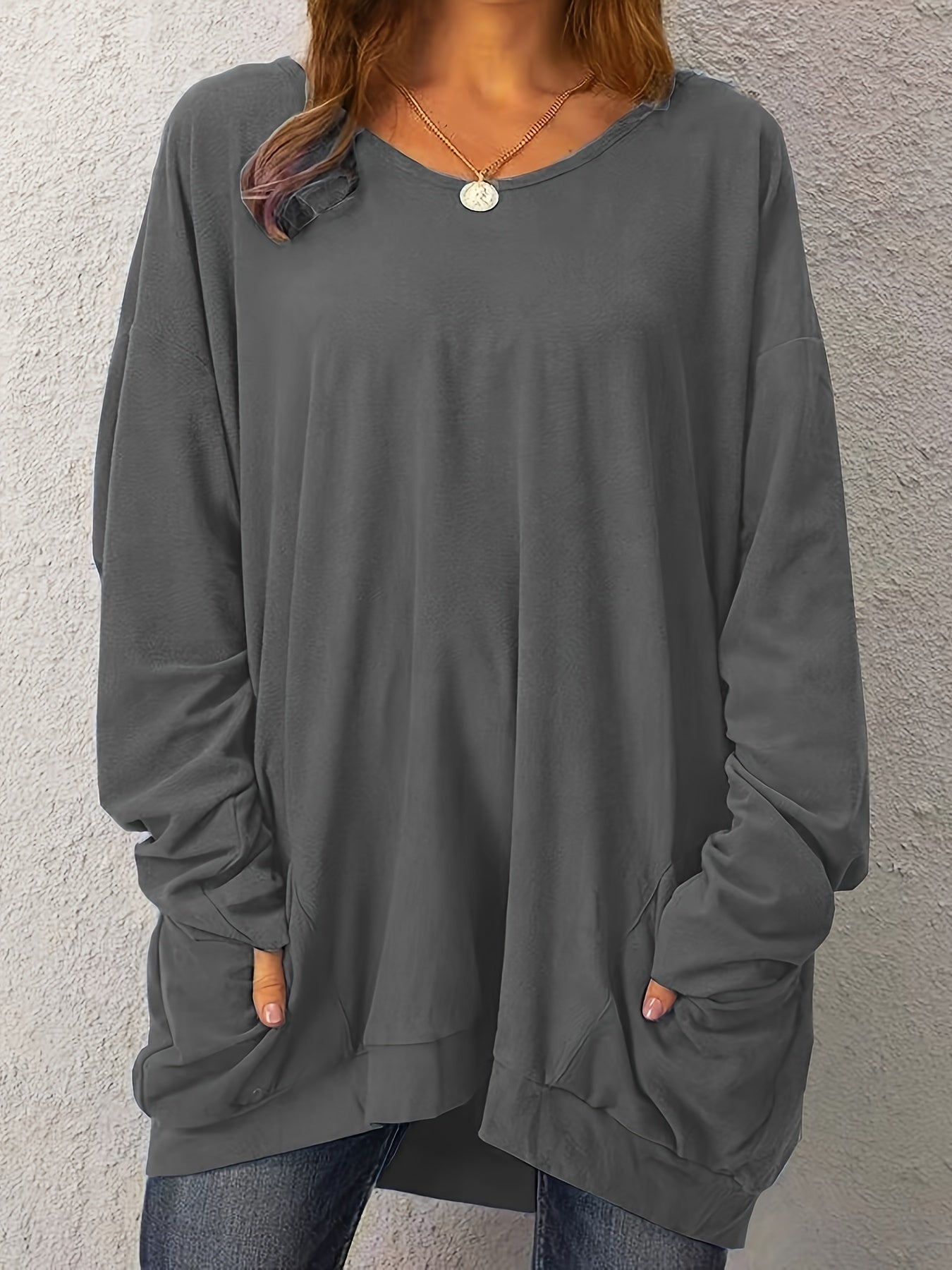 Women's Elegant Long Sleeve Casual Dress with Large Pockets - Solid Black Round Neck Machine Washable Spring/Fall Versatile Wardrobe Staple, Spring Fall Clothing, Long Sleeve Design, Comfortable