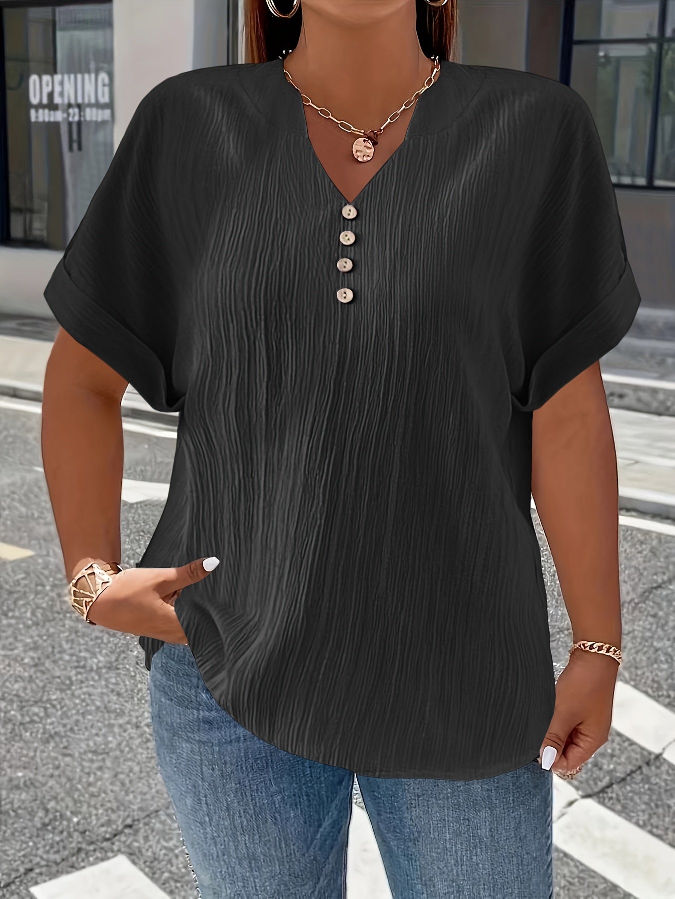Plus Size, Women's Plus Size New European and American Spring/Summer Short Sleeve Button Solid Color Elegant Casual T-Shirt