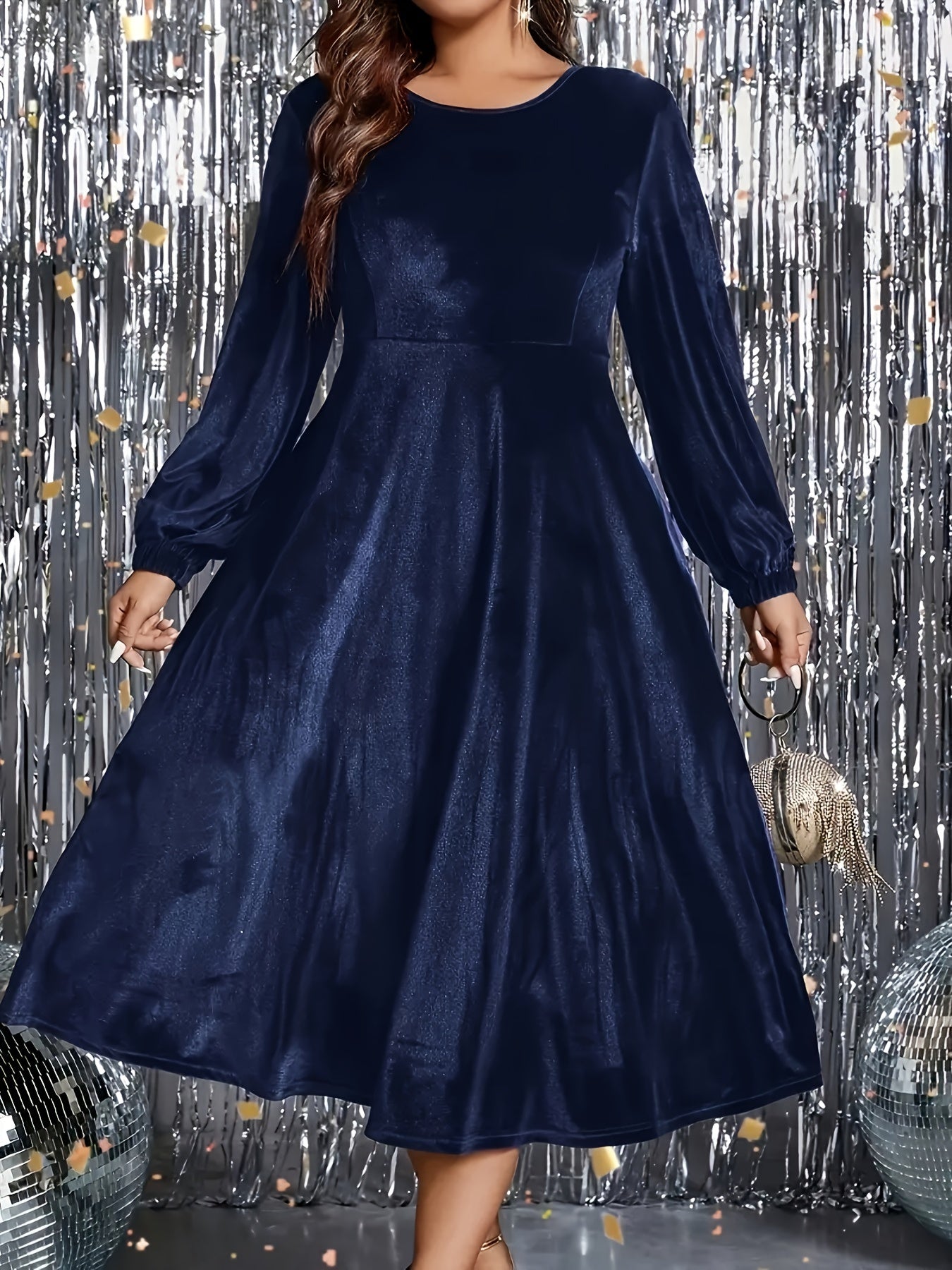 Elegant Plus Size Long Sleeve Midi Dress with Lantern Sleeves and Flared Skirt - Non-Stretch, Machine Washable Velvet, Perfect for Formal Events, Parties, and Casual Outings, Plus Size Dress