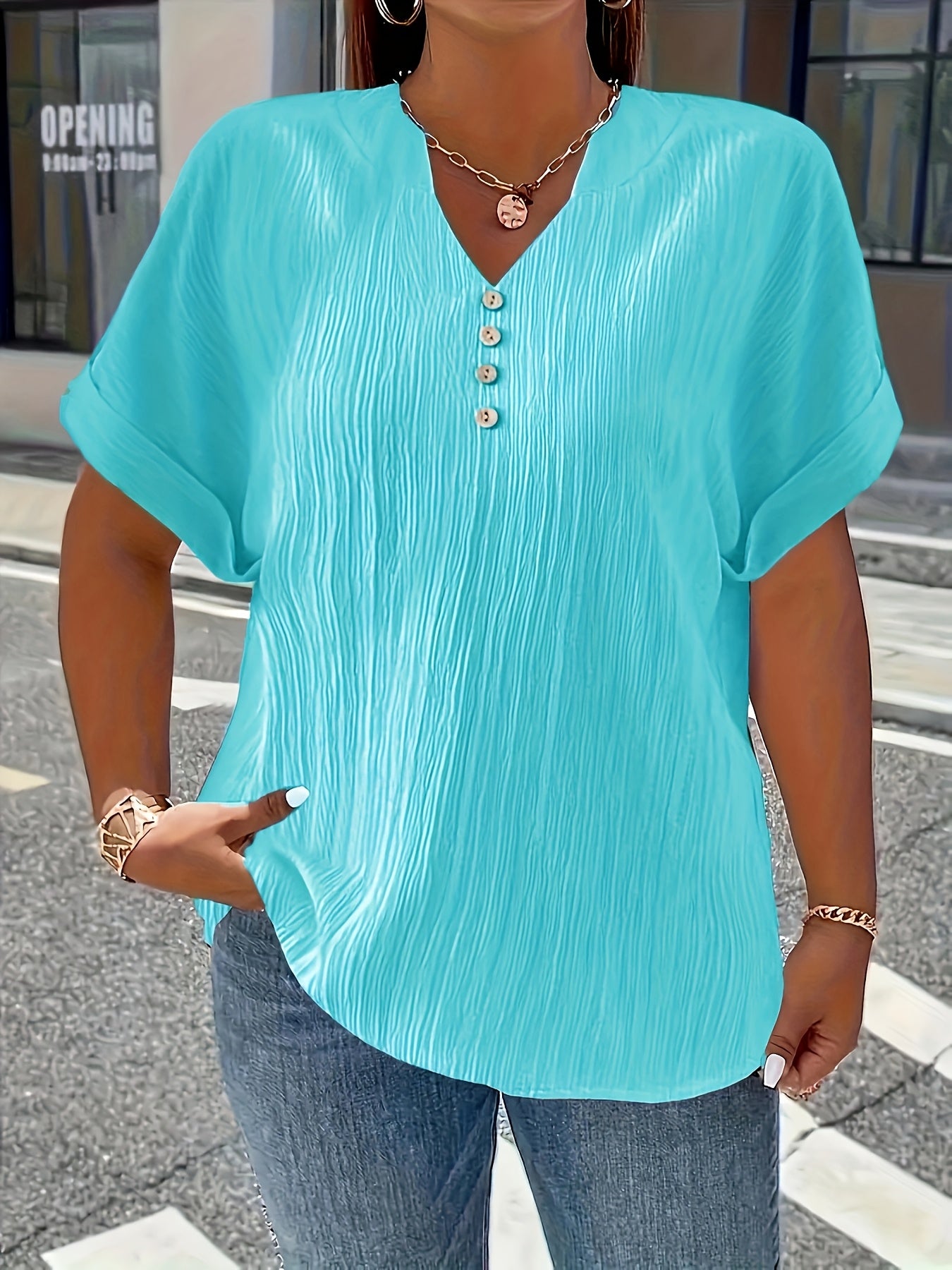 Plus Size, Women's Plus Size New European and American Spring/Summer Short Sleeve Button Solid Color Elegant Casual T-Shirt