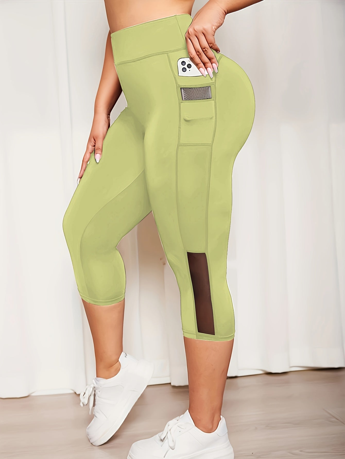 Plus Size Mesh Seven-Split Pants with Pockets, High-Waisted Tummy Control Workout Running Yoga Leggings, Women's Sportswear