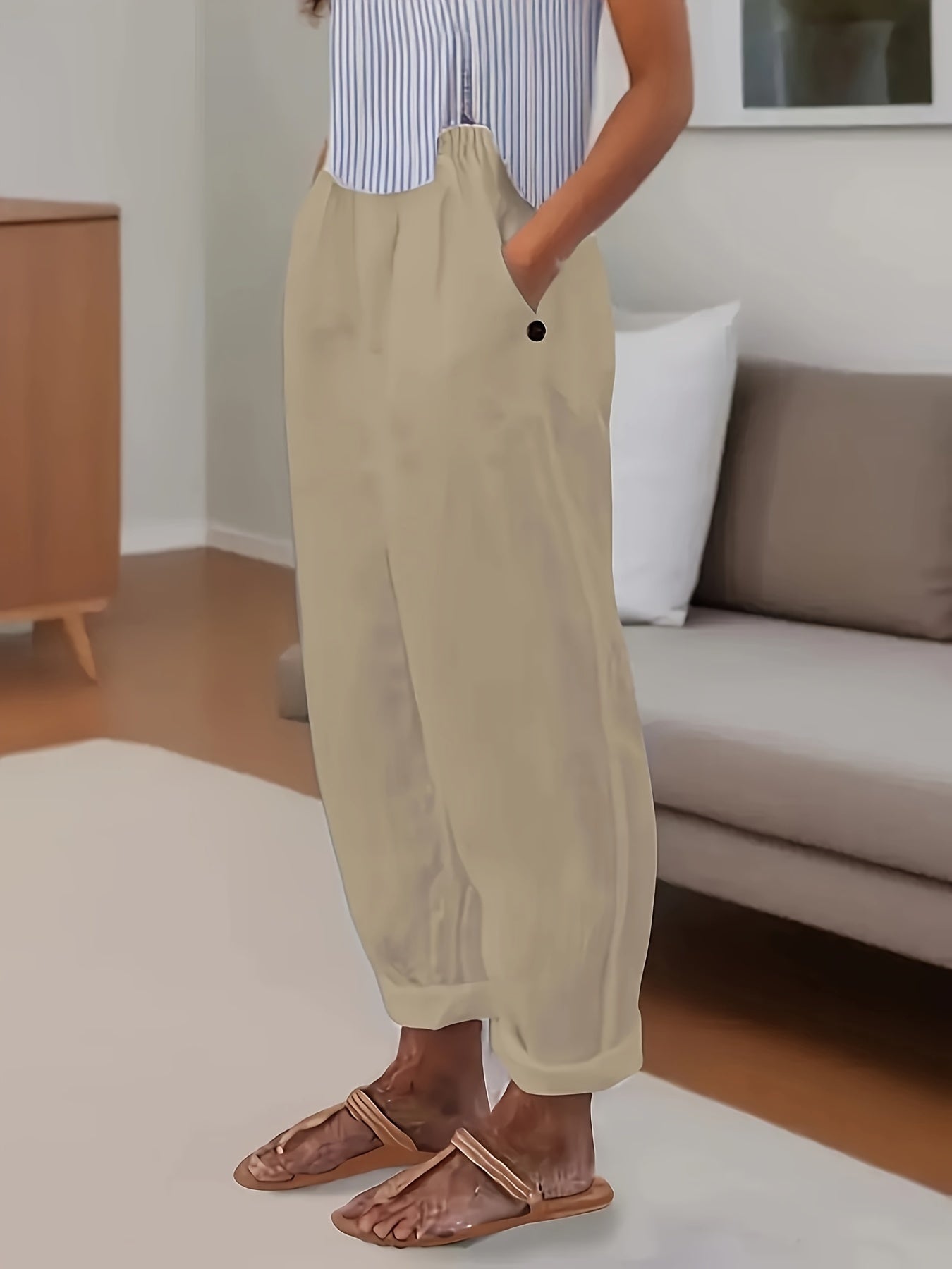 Plus Size Women's High-Waisted Casual Loose Pants with Slant Pockets - Solid Color Non-Stretch Machine Washable Trousers for Spring & Summer, Elegant Special Collection