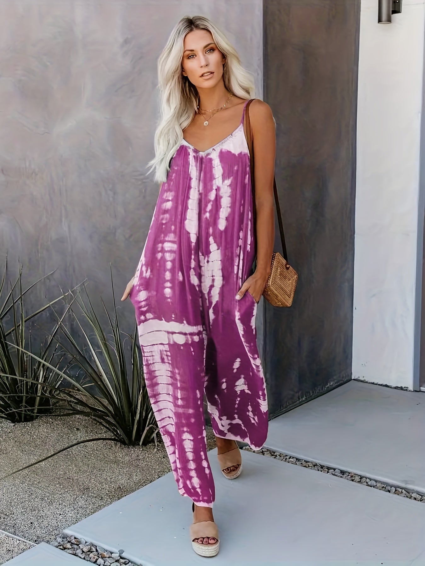 Women's Casual Tie-Dye Cami Jumpsuit - Sexy Wide Leg, Sleeveless, Vibrant Orange and Brown Print, Perfect for Spring/Summer/Fall