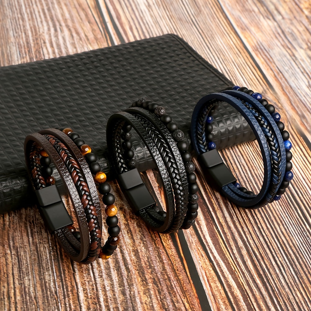 1pc Fashion Layered Handmade Braided PU Leather Bracelet, Tiger Eyestone Beaded Bracelet, Characteristic Punk Bracelet, Father's Day Gift