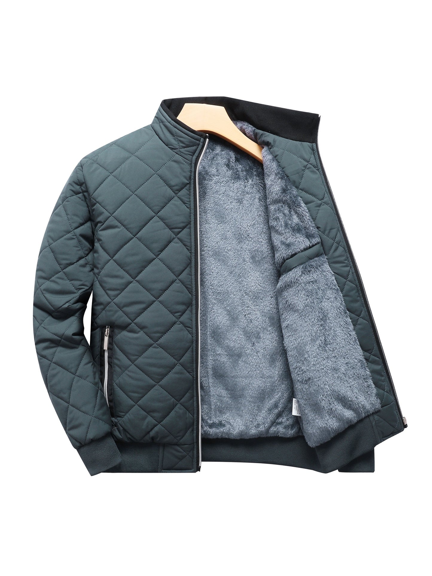 Men's Quilted Fleece-Lined Winter Jacket - Dark Green, Warm & Stylish Zip-Up with Pockets, Casual Loose Fit for Everyday Cold Weather, Winter Clothes