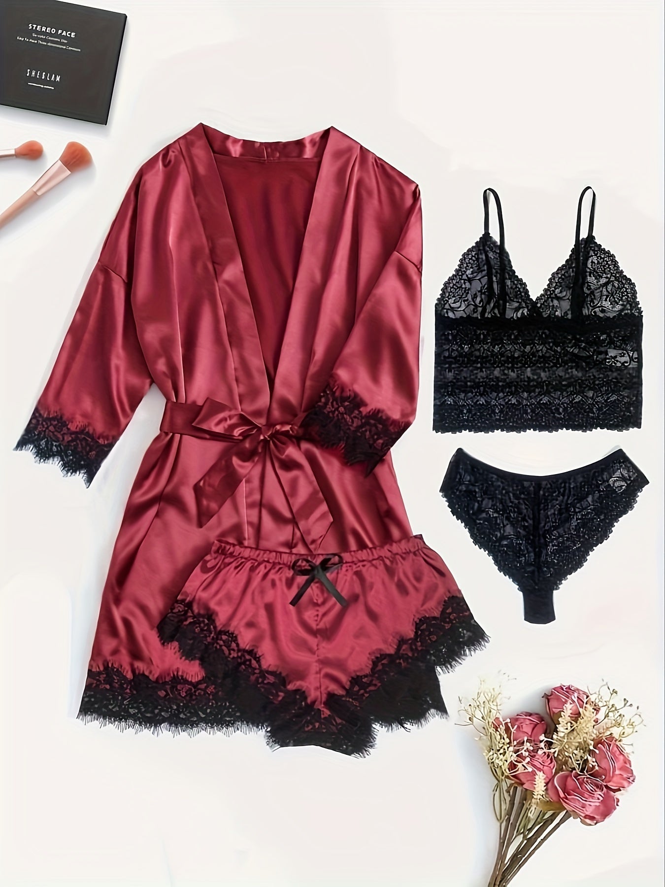 Elegant Satin Contrast Lace Lounge Set, Three Quarter Sleeve Robe With Belt & Cami Bra & Panty & Elastic Shorts, Women's Loungewear