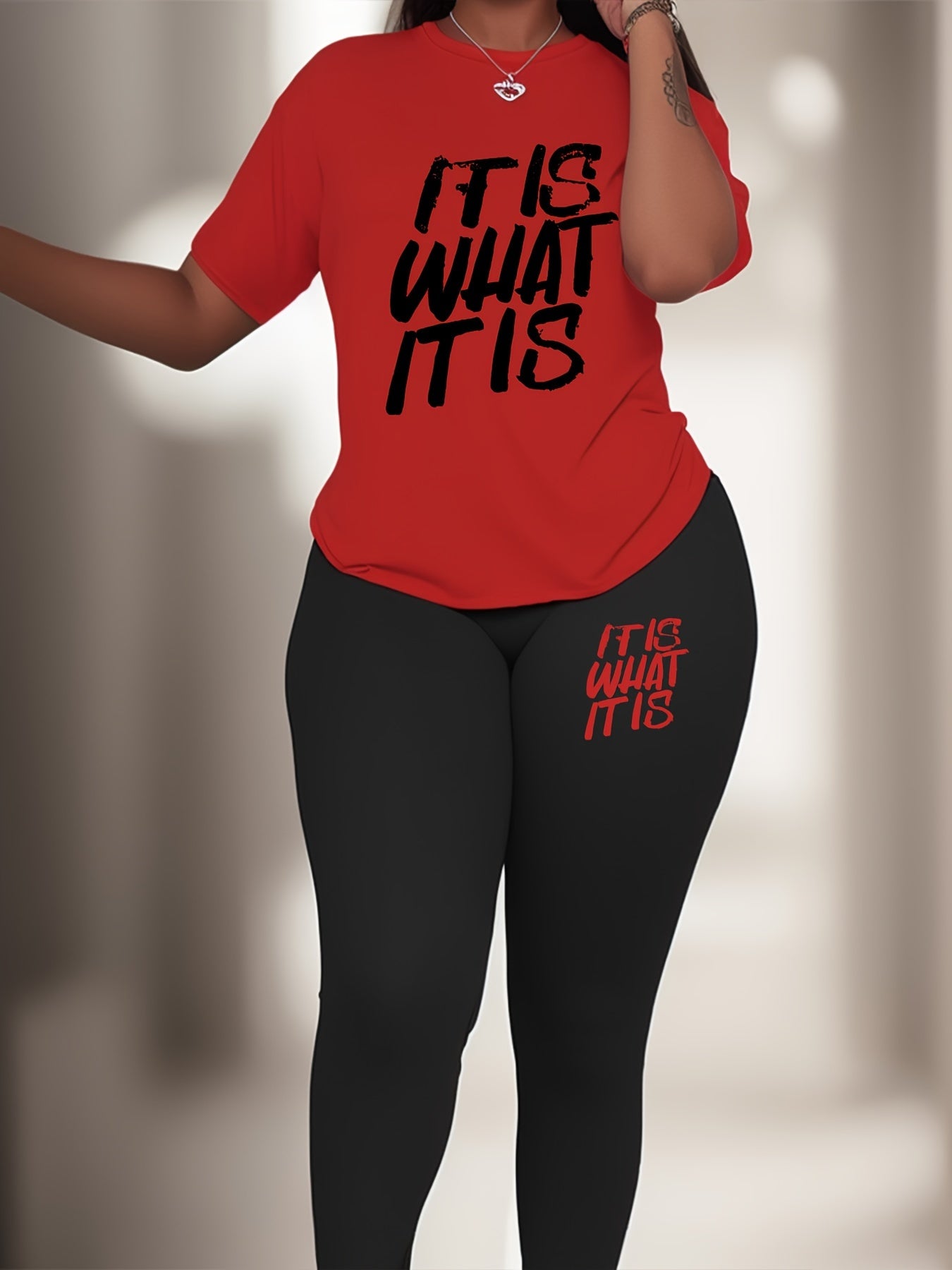 Plus Size Slogan Print Sports Set - Crew Neck Polyester Knit Fabric with Elastane, Medium Stretch Activewear Lash Set