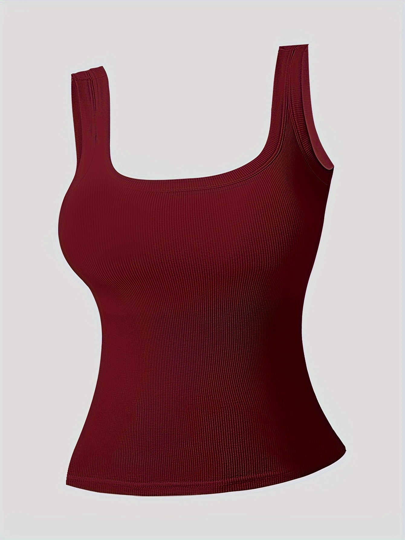 Simple Solid Square Neck Tank Top, All-match Ribbed Vest Top With Removable Chest Pad, Women's Lingerie & Underwear