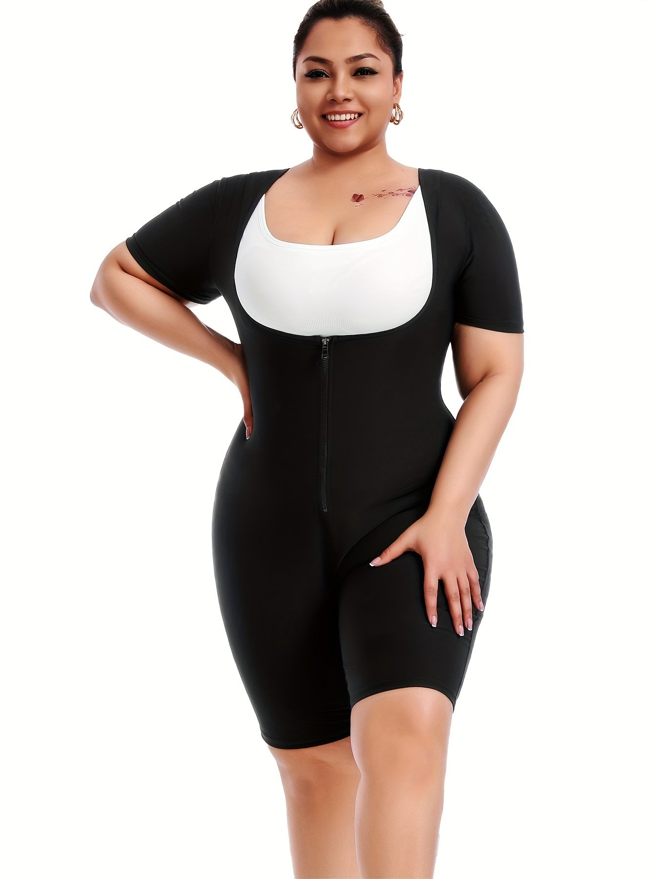 Short-sleeved Plus-size Women's Bodysuit With Zipper For Sweating During Running, Fitness, Yoga, Body Shaping, Waist Slimming, And Hip Lifting.