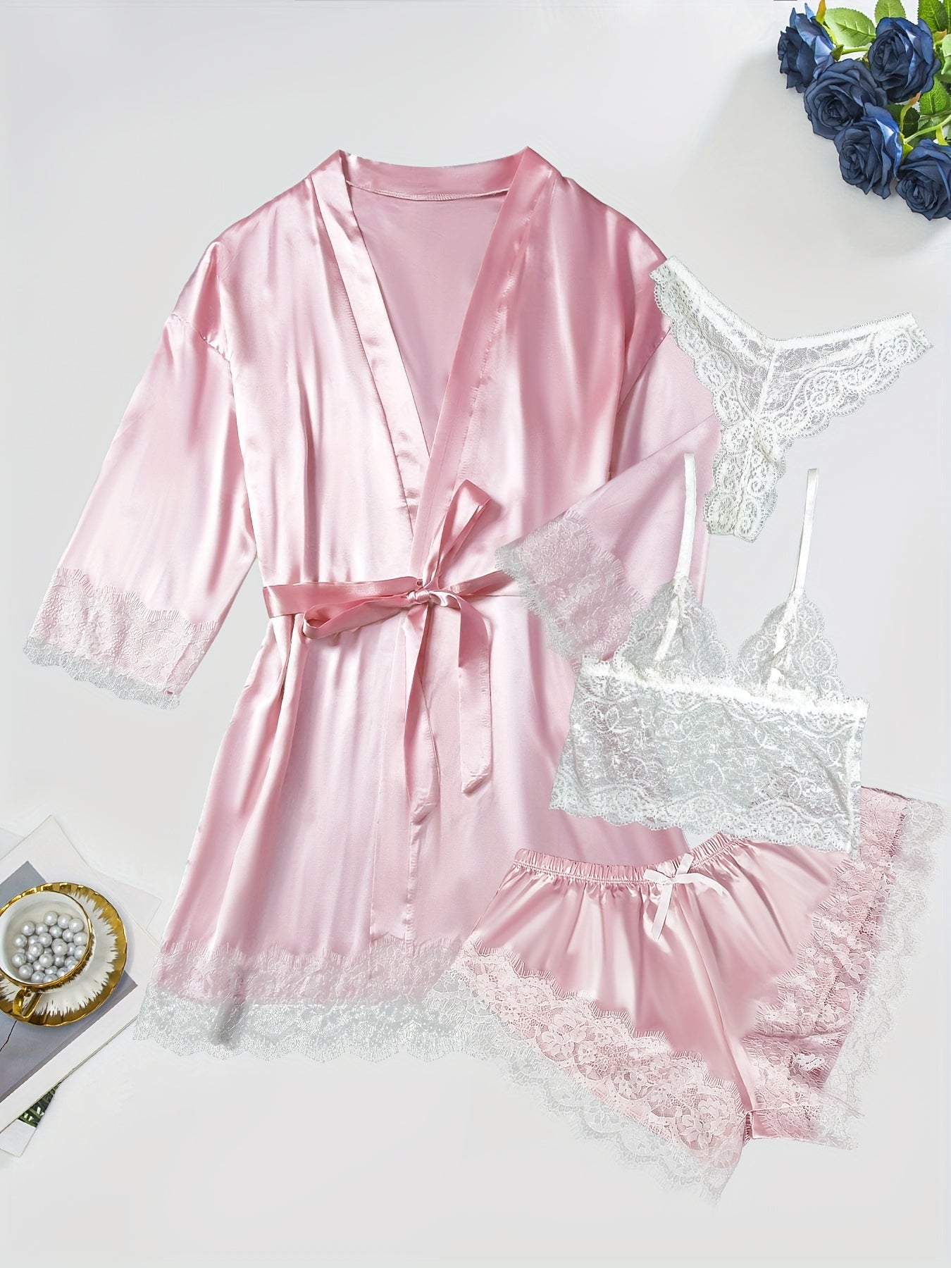 Women'S Fashion Casual Satin Shapewear Pajama Set, Deep V Neck, Solid Color, All-Season, with Contrast Lace Detail, Belted, Adult Size, Elegant Nightwear|Satin Finish|Lace Detailing, Pajamas for Women