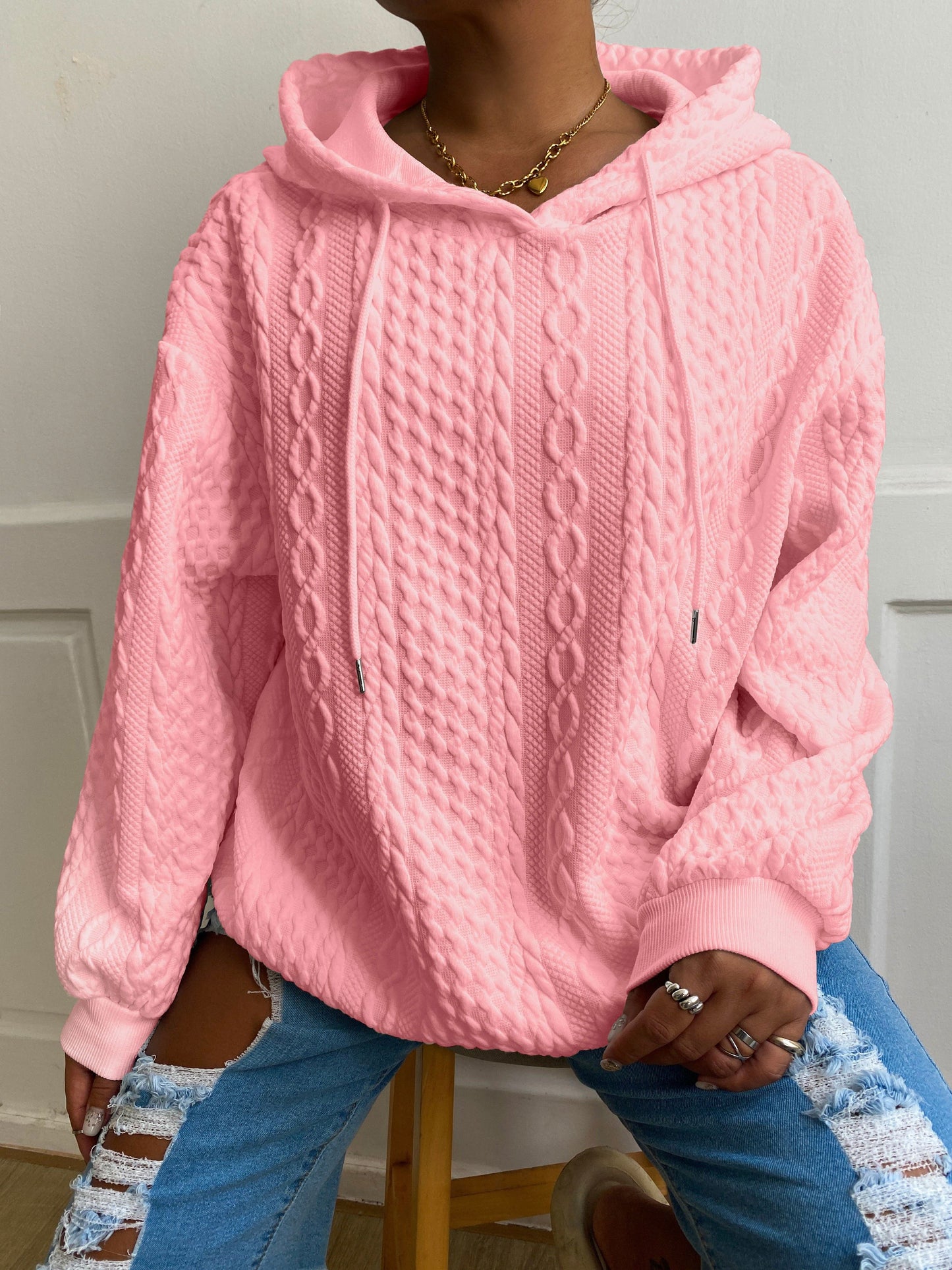 Women's Casual Lounge Top, Plus Size Solid Textured Long Sleeve Drawstring Home Wear Hoodie