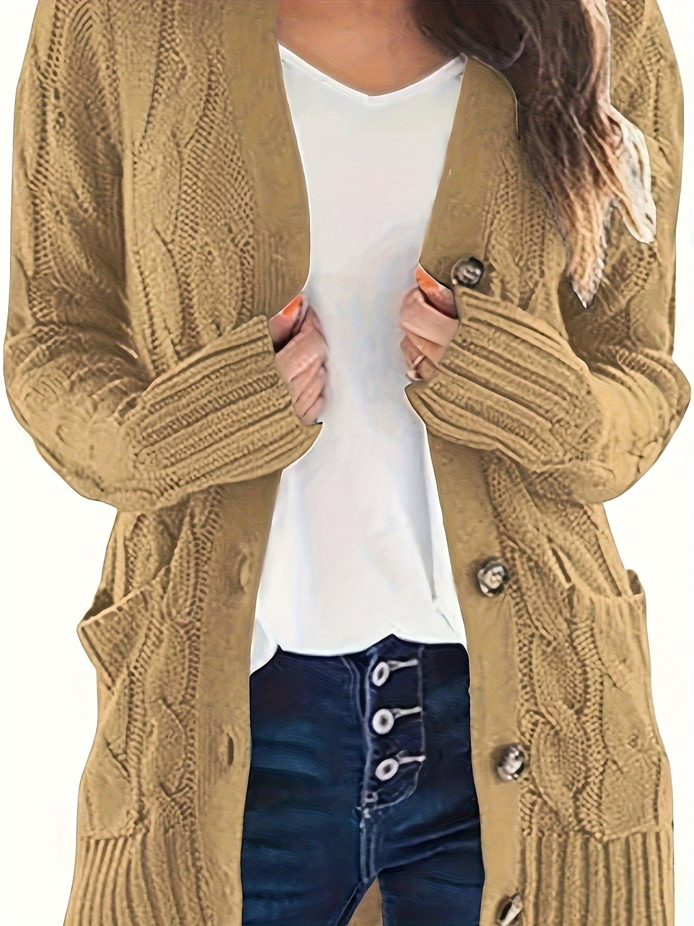 Plus Size Casual Cardigan, Women's Plus Cable Knit Long Sleeve Button Up High Stretch Cardigan With Pockets