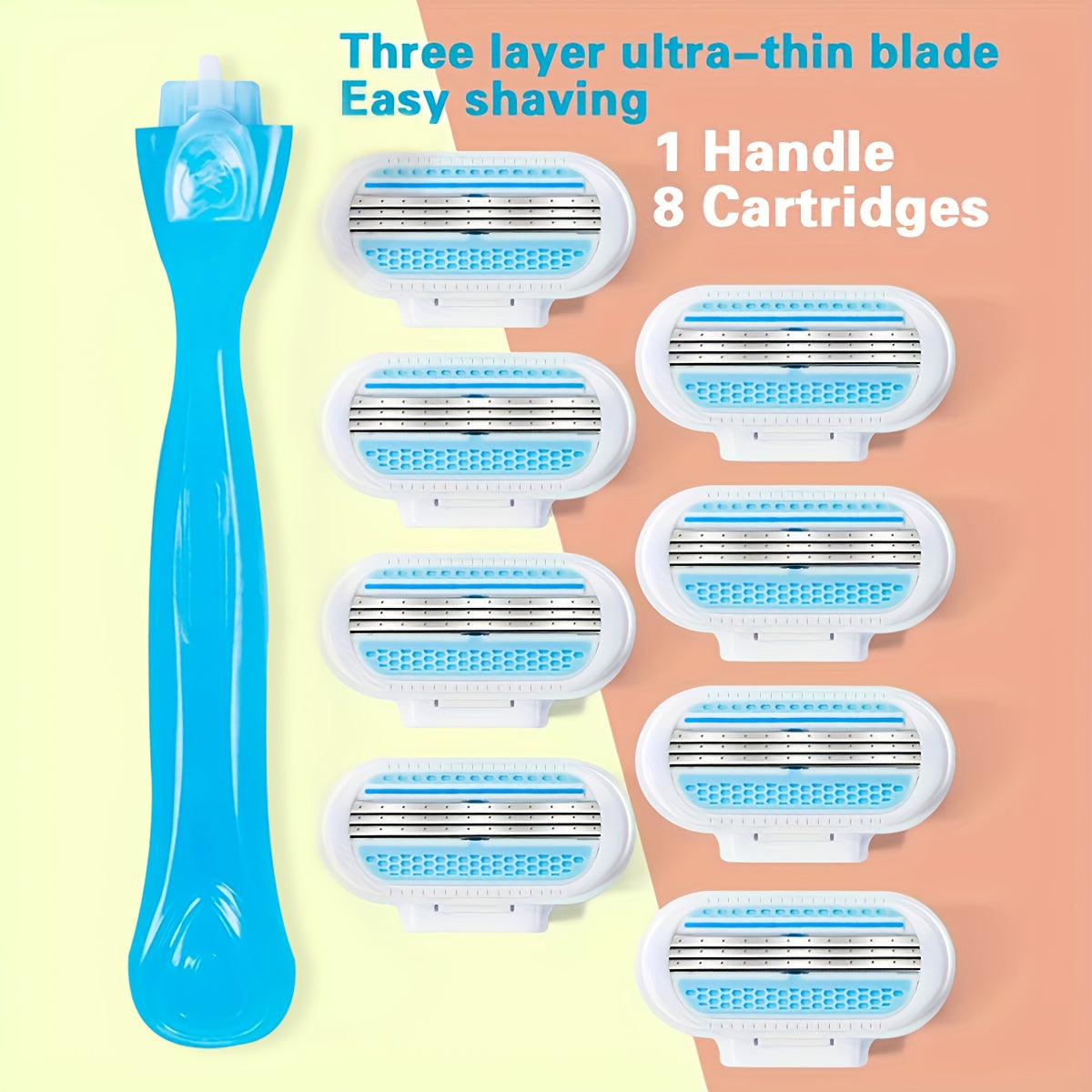 1 Handle + 8 Knife Heads / 8 Knife Heads, Women's Manual Hair Removal Shaver with 3 Layers of Stainless Steel Blades and Replaceable Safe Razor Head