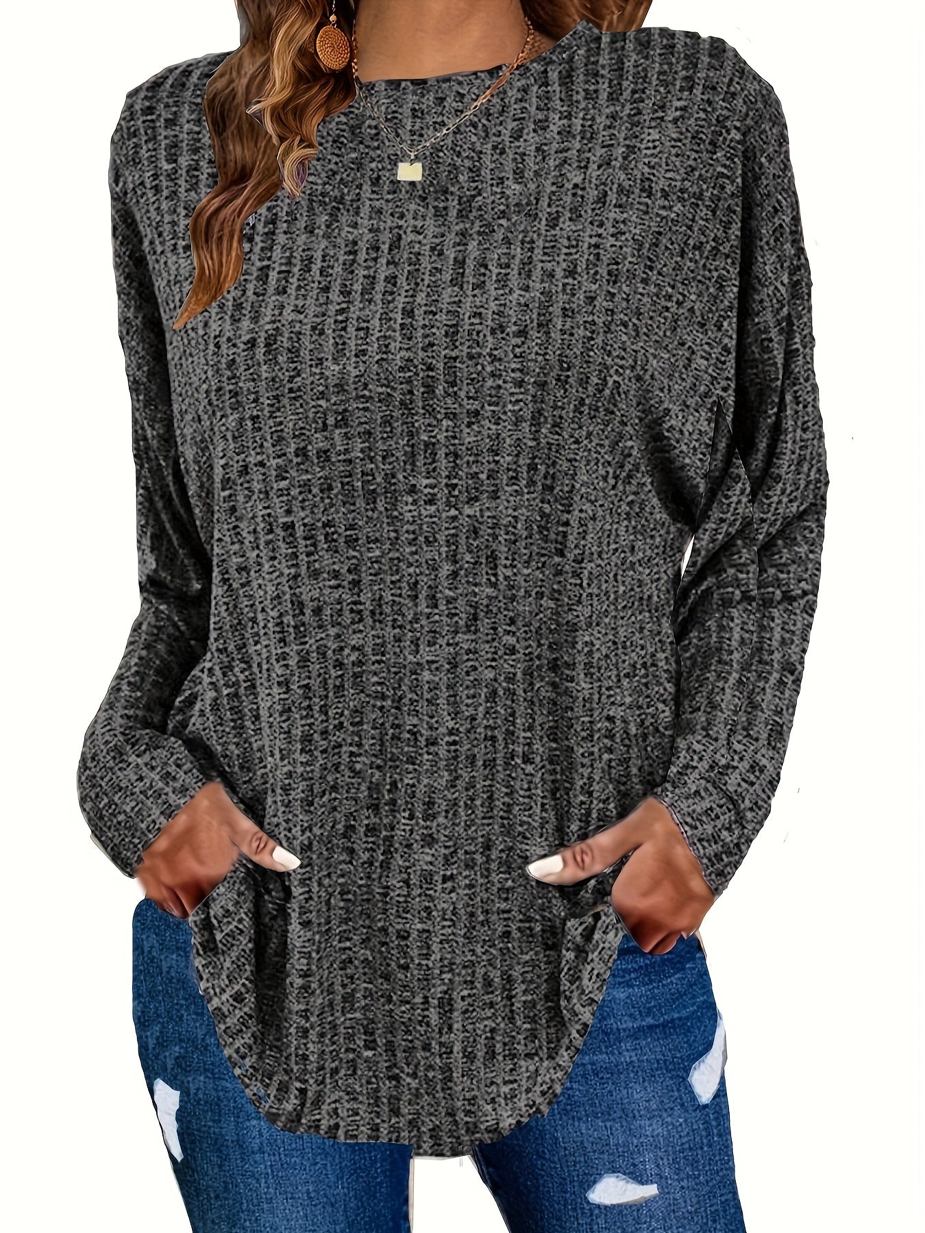Women's Plus Size Casual Pullover Sweater - Solid Color Drop Shoulder Long Sleeve Round Neck Top, Medium Stretch Cozy Fall Winter Layering Essential, Relaxed Fit for Casual Attire, Sweater, Mediumstretch Fabric