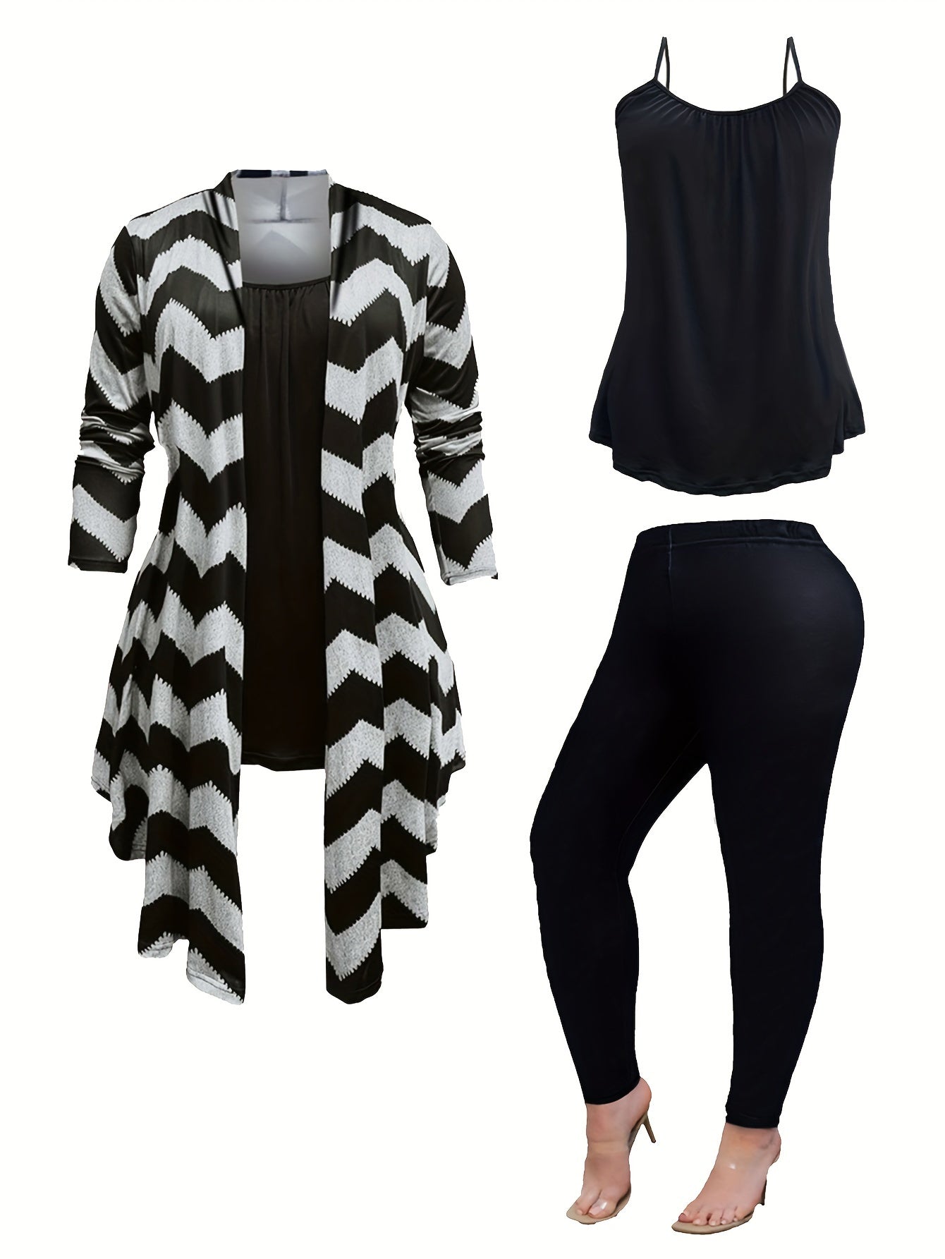 Plus Size Casual Outfits Set, Women's Plus Wave Trim Long Sleeve Shawl Collar Coat & Cami Top & Leggings Outfits Three Piece Set