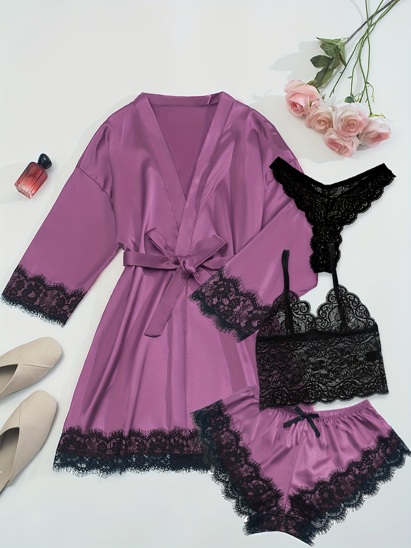 Women'S Fashion Casual Satin Shapewear Pajama Set, Deep V Neck, Solid Color, All-Season, with Contrast Lace Detail, Belted, Adult Size, Elegant Nightwear|Satin Finish|Lace Detailing, Pajamas for Women