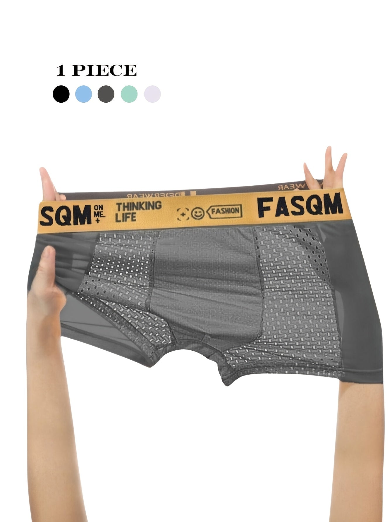 1pc Men'S Breathable Mesh Boxer Briefs, Polyester 93% Spandex 7% Stretch Underwear, Casual Alphabet Print with Contrast Mesh Detail, Sky Blue Black Deep Gray Options, 125gsm Knit Fabric