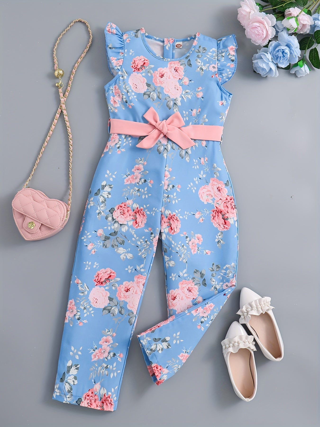 Summer Girls' Casual Floral Print Sleeveless Jumpsuit with Back Zipper & Adjustable Waist Belt - Navy Blue Round Neck, Straight Leg Design for Outdoor Play & Weekend Outings, Comfortable Fit, Perfect for Outdoor