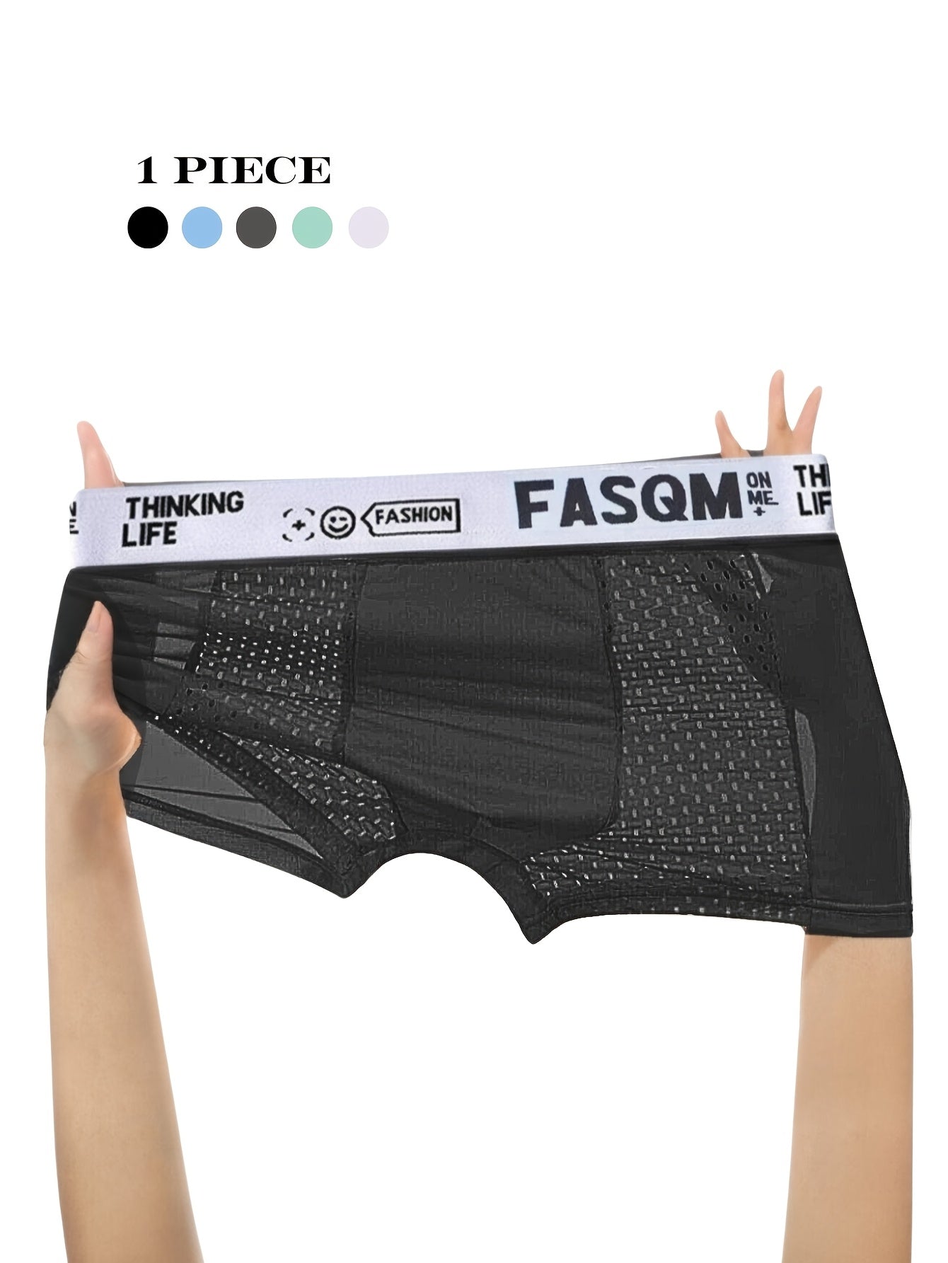 1pc Men'S Breathable Mesh Boxer Briefs, Polyester 93% Spandex 7% Stretch Underwear, Casual Alphabet Print with Contrast Mesh Detail, Sky Blue Black Deep Gray Options, 125gsm Knit Fabric