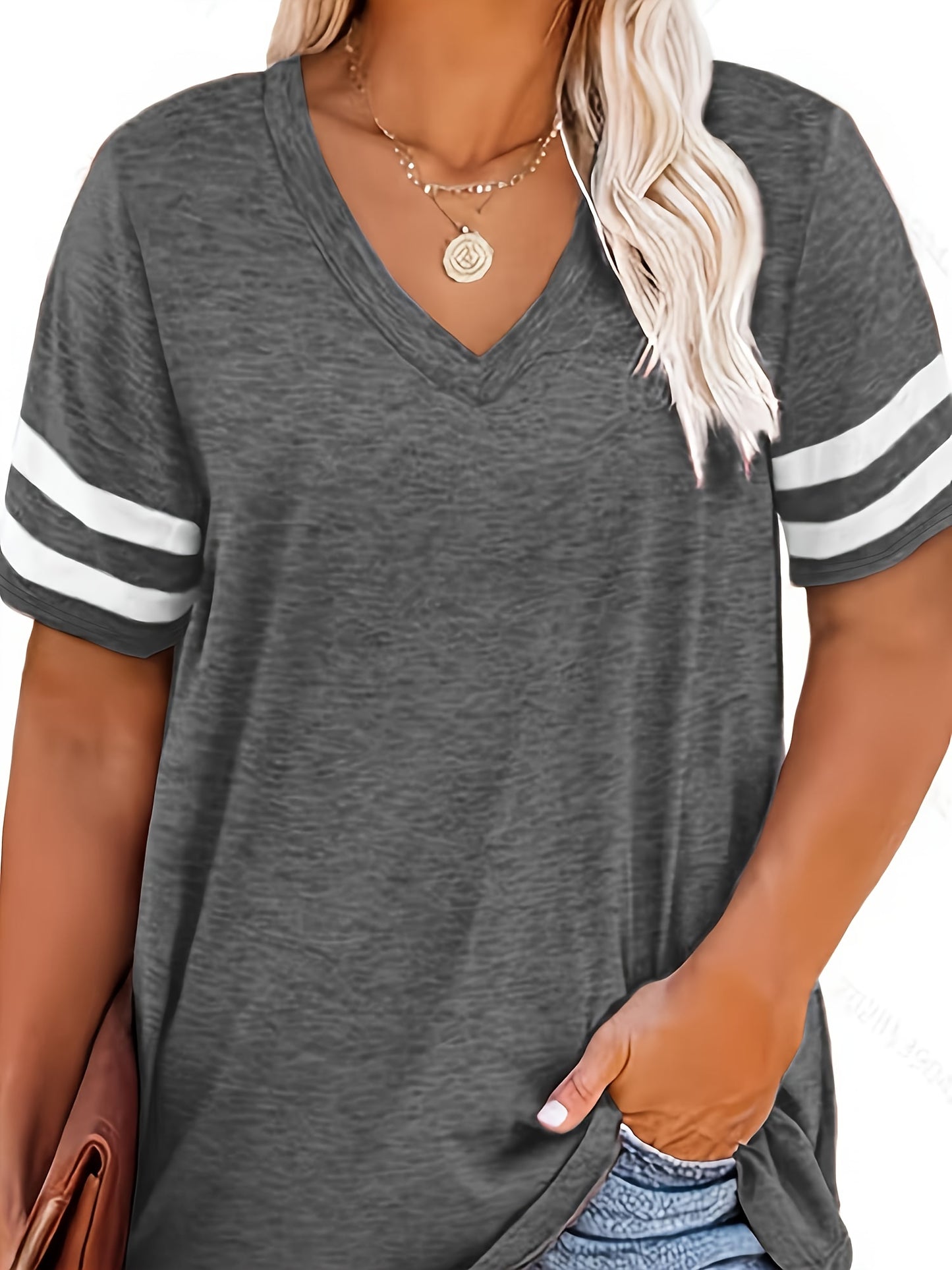 Plus Size Women's V-Neck Short Sleeve T-Shirt - Lightweight Stretchy Summer Tee with Random Print, Loose Casual Fit, Machine Washable, Sizes XL-5XL for Everyday & Office Wear, Versatile Clothing, Striped Print Shirt, Soft Fabric Shirt, Durable Comfort