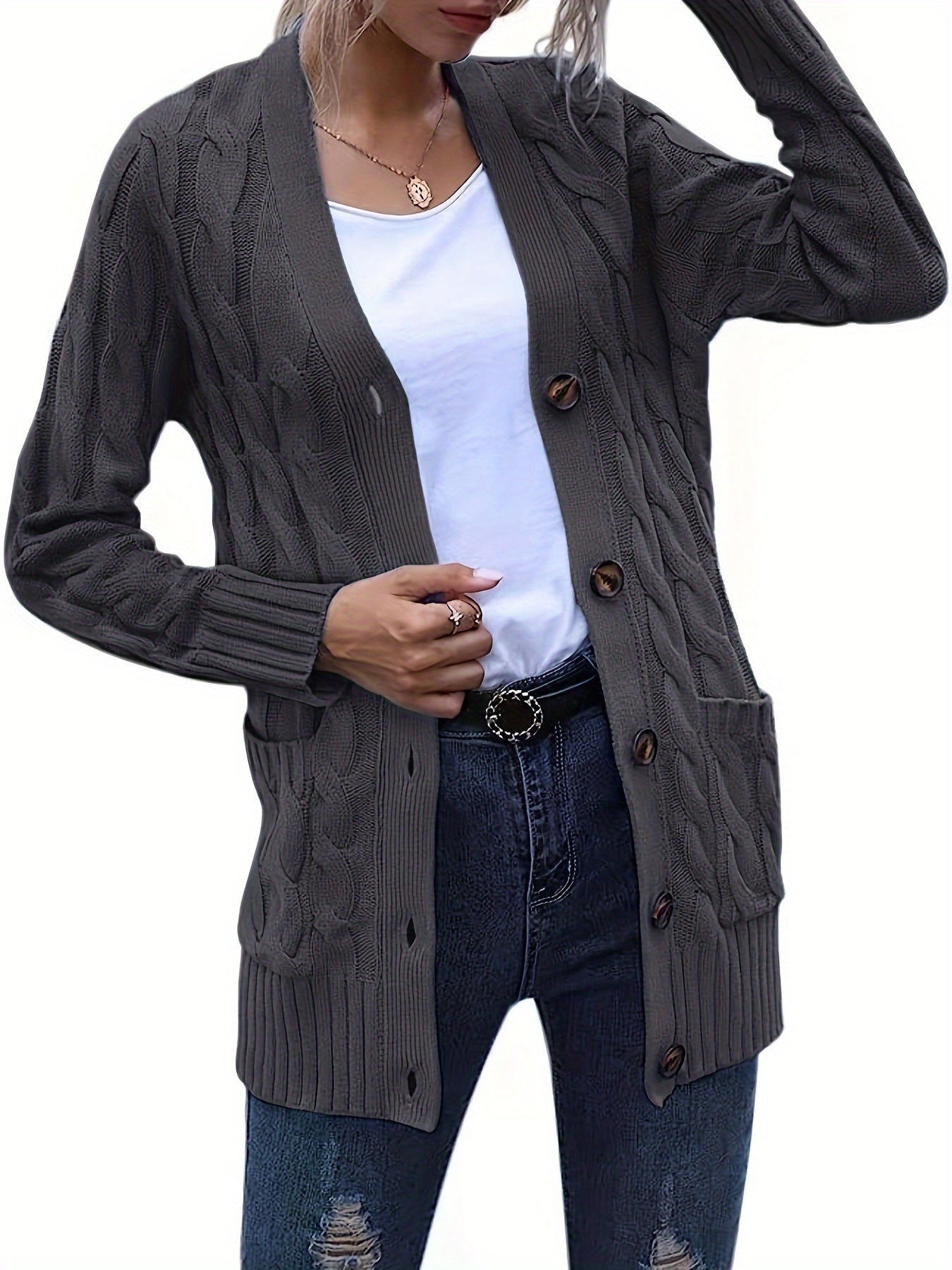 Plus Size Casual Cardigan, Women's Plus Cable Knit Long Sleeve Button Up High Stretch Cardigan With Pockets