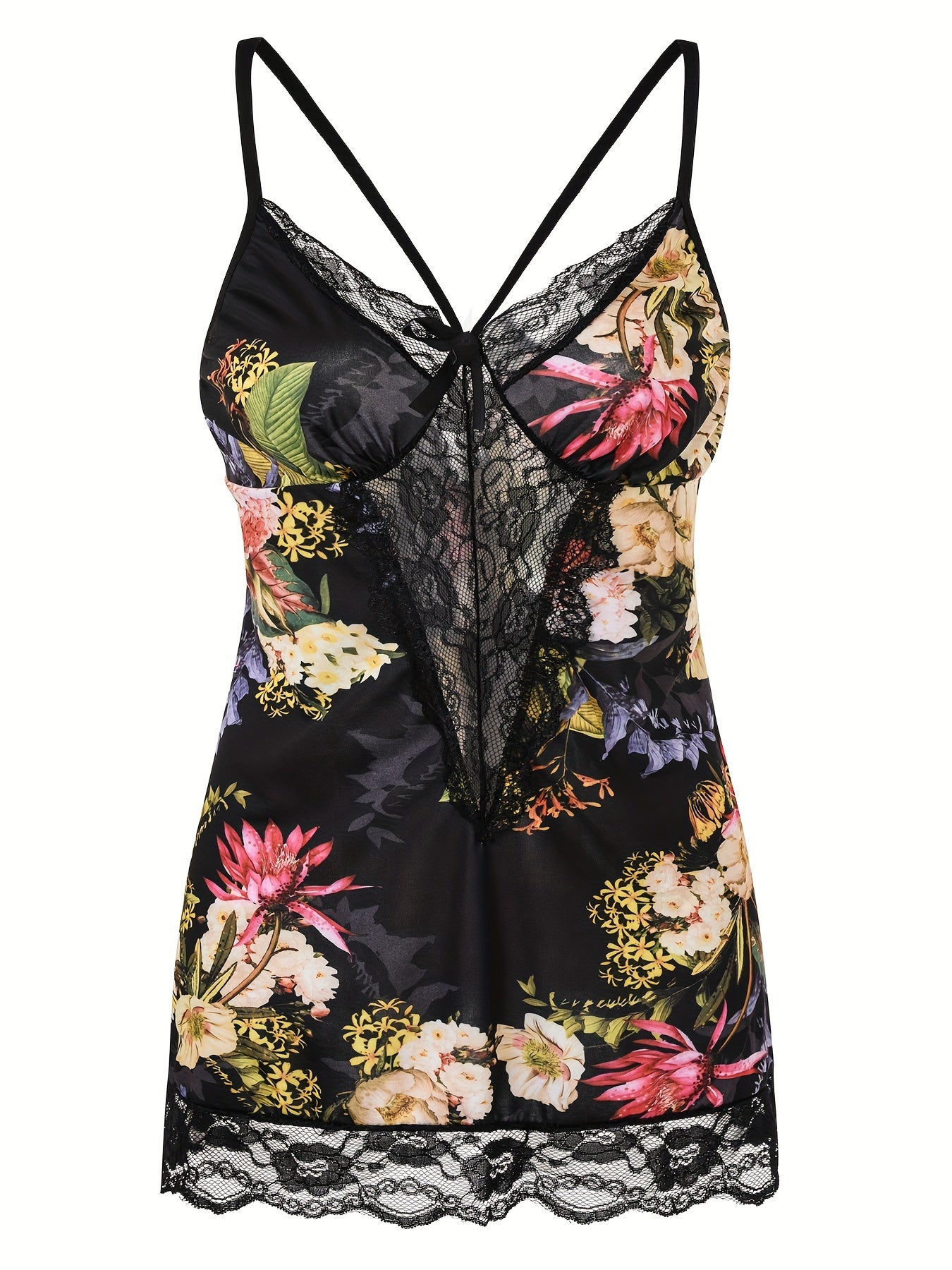 Plus Size Sexy Nightdress, Women's Plus Comfort Soft Contrast Lace Criss Cross Back V Neck Cami Sleep Dress With Free Underwear