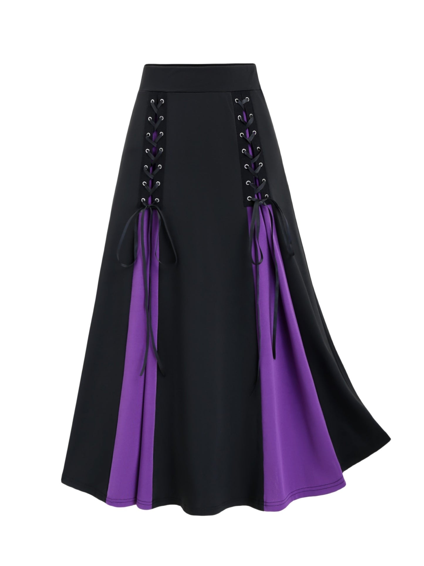 Women's High-Waisted Gothic Skirt with Purple Hem & Cross-Band Detail - Black to Purple Ombre Umbrella Skirt, Machine Washable Spring/Fall Elegant Solid Color Fashion Skirt, High Waisted Skirt, Spring Fall Apparel, Medium Elasticity Fabric