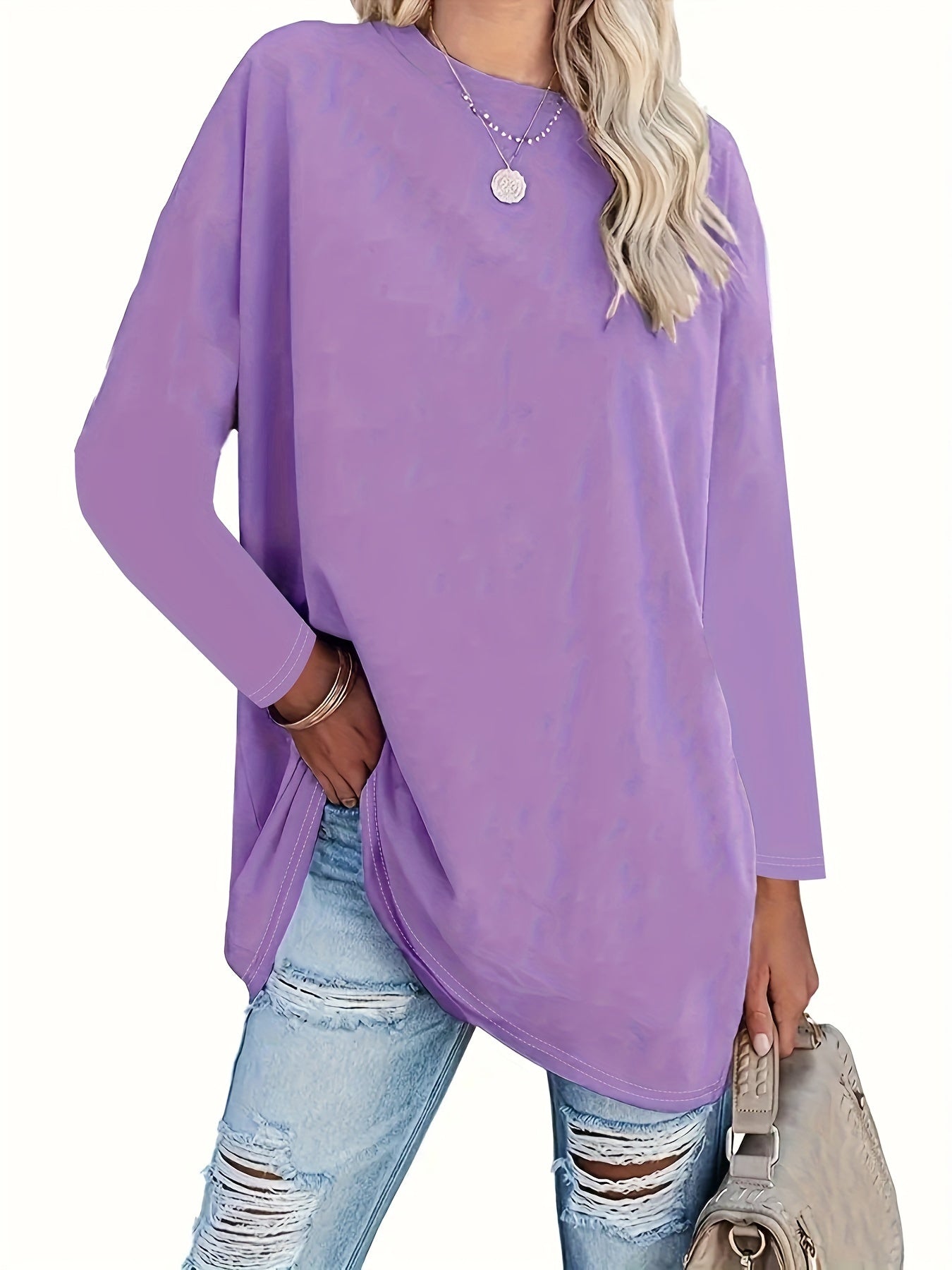 Plus Size Women's Casual Long Sleeve Round Neck Pullover Top - Soft Stretchy, Relaxed Fit Solid Color, Machine Washable Autumn Winter Comfort Wear, Daily Fashion, Oversized Fashion, Pullover Style