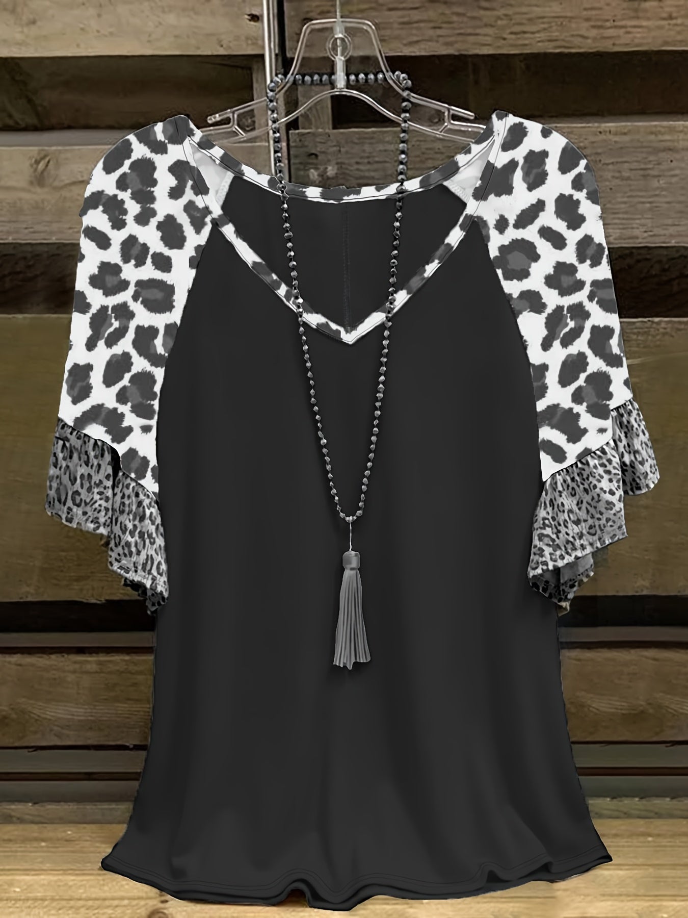 Plus Size, Plus Size Leopard Print Flounce Hem Women's Short Sleeve Spliced T-Shirt