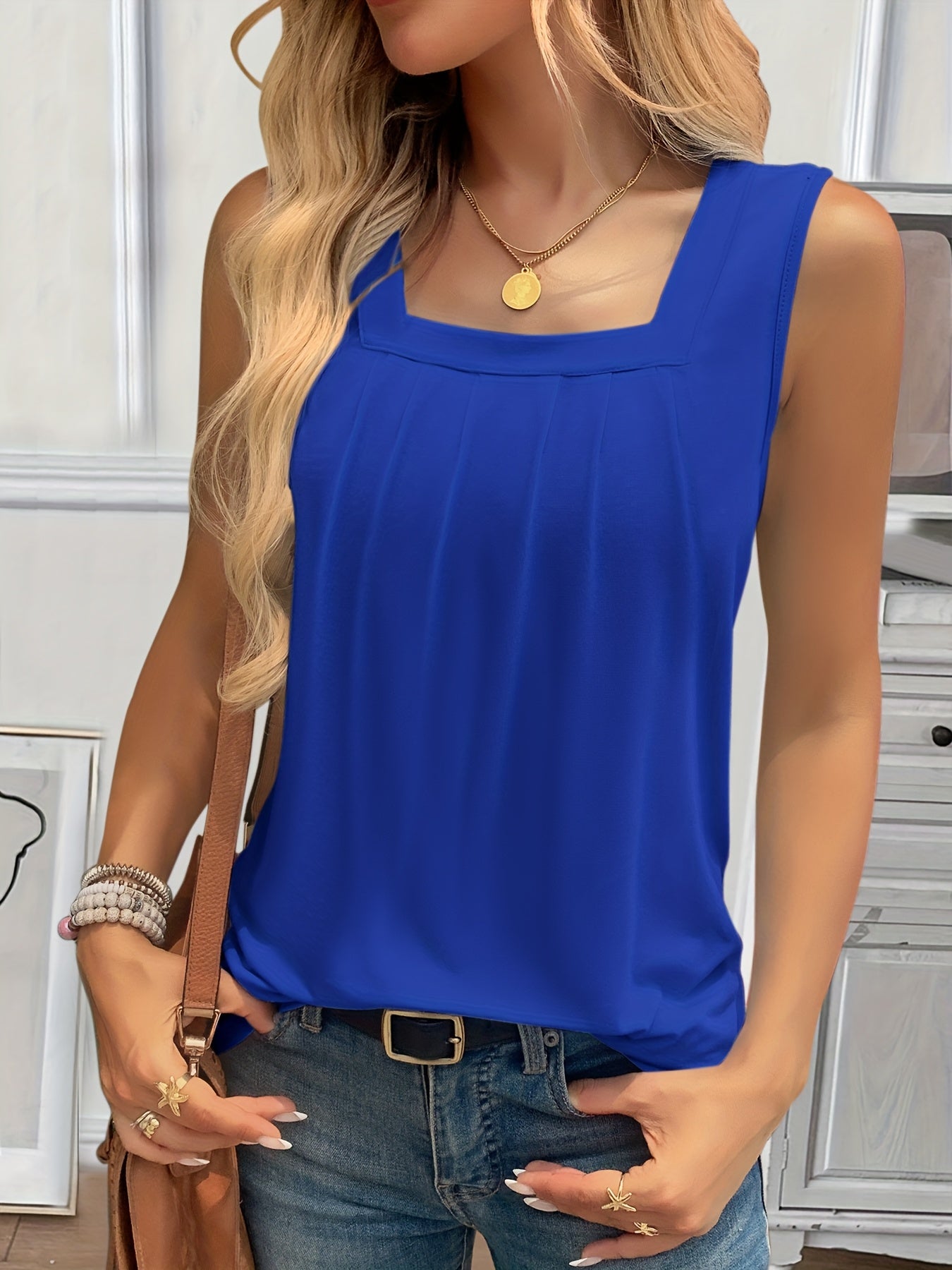 Square Neck Tank Top, Loose Casual Top For Summer & Spring, Women's Clothing
