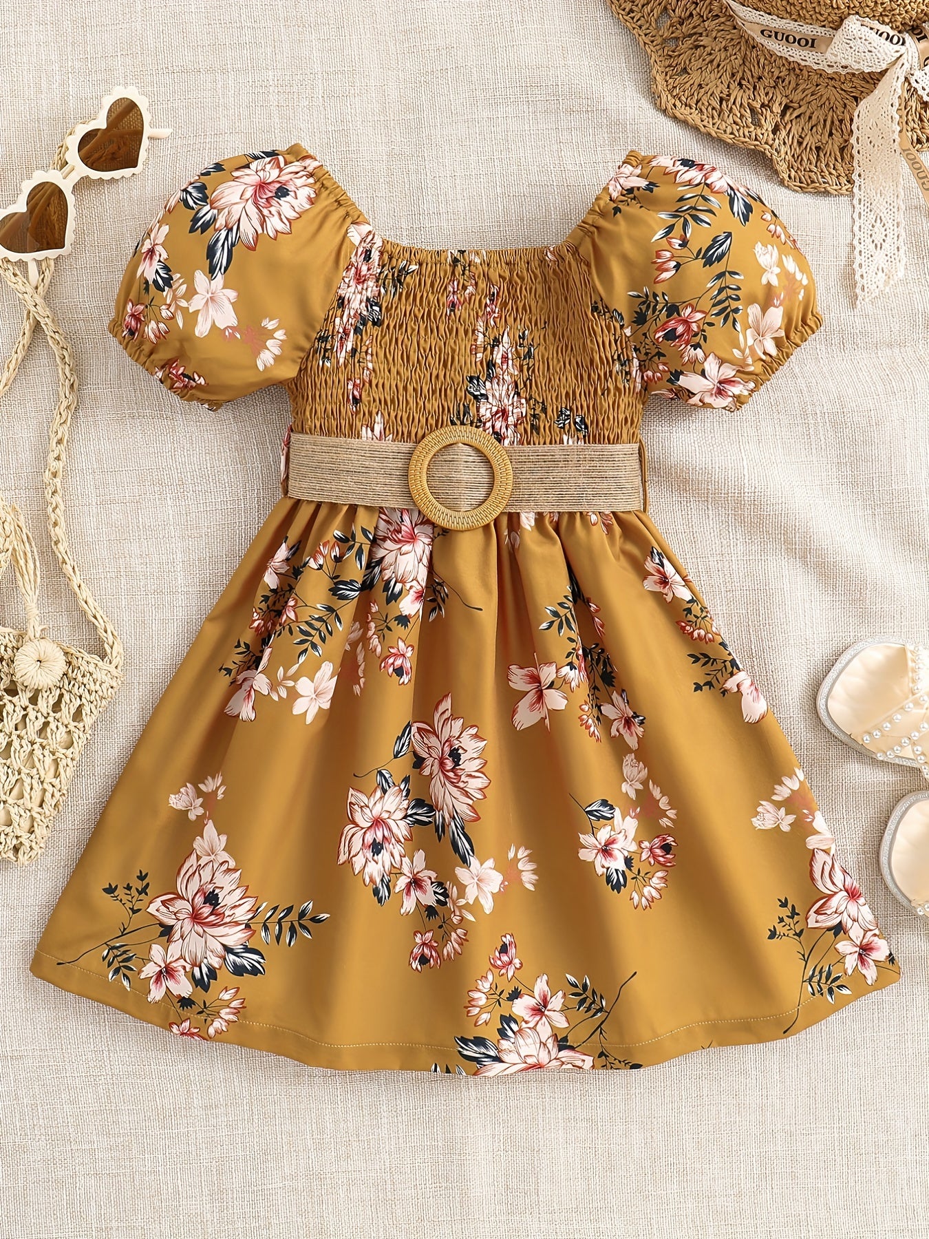 Summer Girls' Casual Floral Print Knee-Length Loose-Fit Dress with Ruffled Hem and Belt - Lightweight Woven Fabric, Short Sleeve, Perfect for Outdoor Play and Daily Wear, Summer Dresses for Girls, Playtime Fashion, Nontransparent Fabric