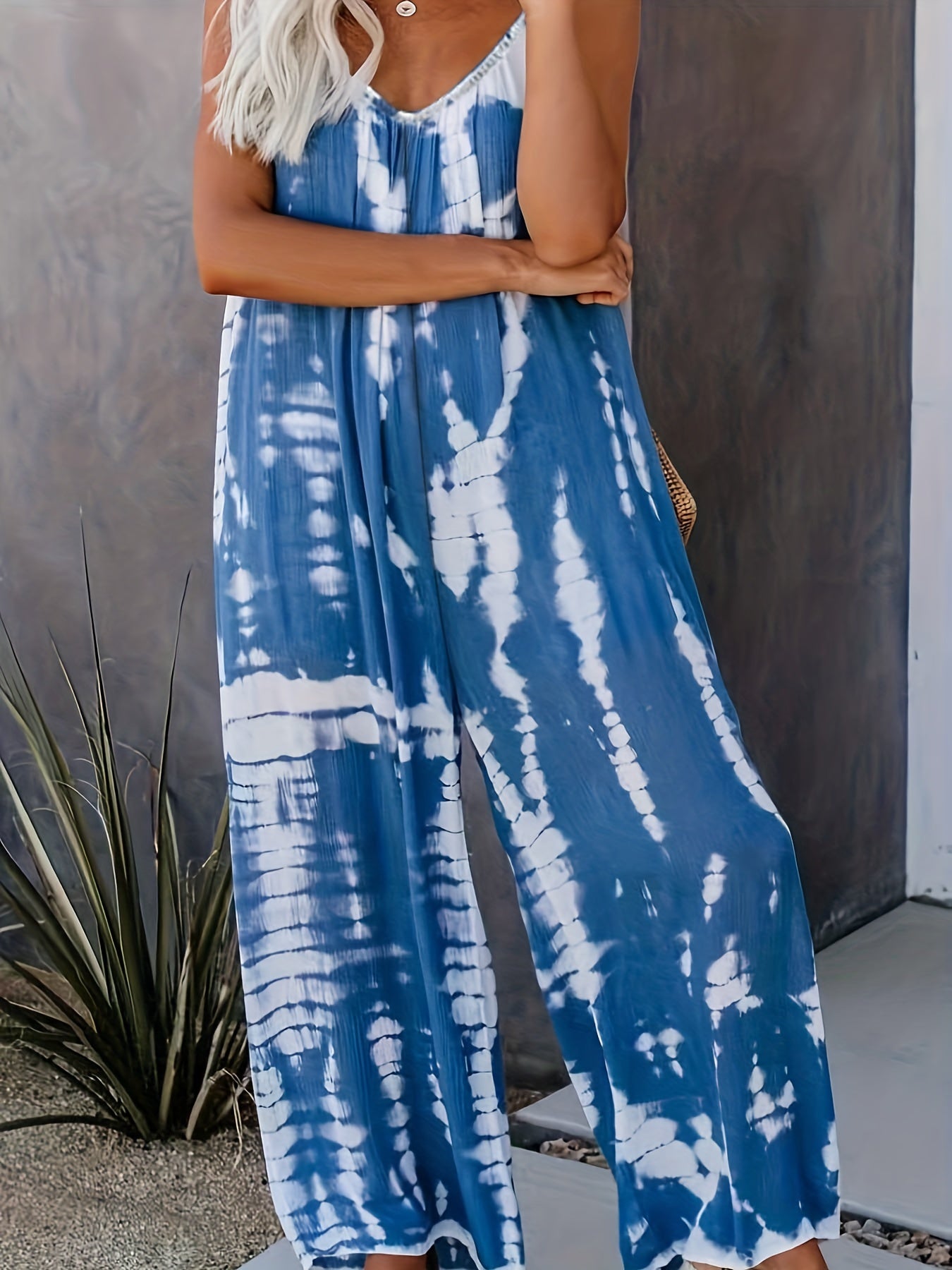 Women's Casual Tie-Dye Cami Jumpsuit - Sexy Wide Leg, Sleeveless, Vibrant Orange and Brown Print, Perfect for Spring/Summer/Fall