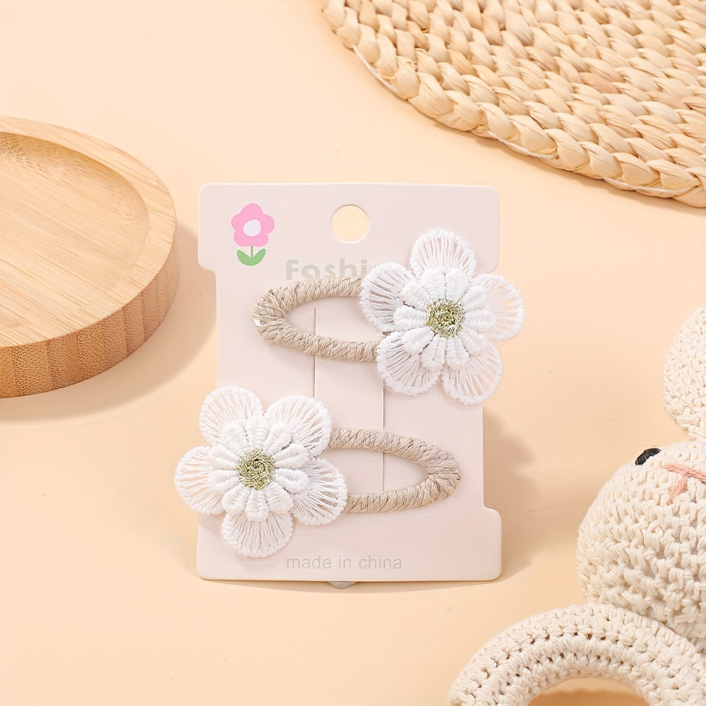 2pcs Darbiny Adorable Daisy Hair Clips for Girls - Fresh & Cute Fabric Handmade Bangs Accessories with Bow, Perfect for School, Polyester & Iron, Hair Accessories for Girls